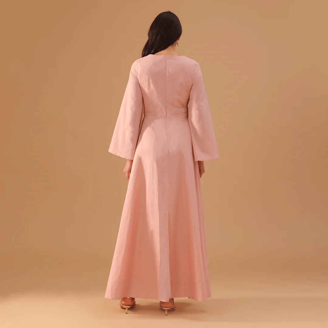 Linen Square Neck Long Flared Sleeve Dress - Image 4