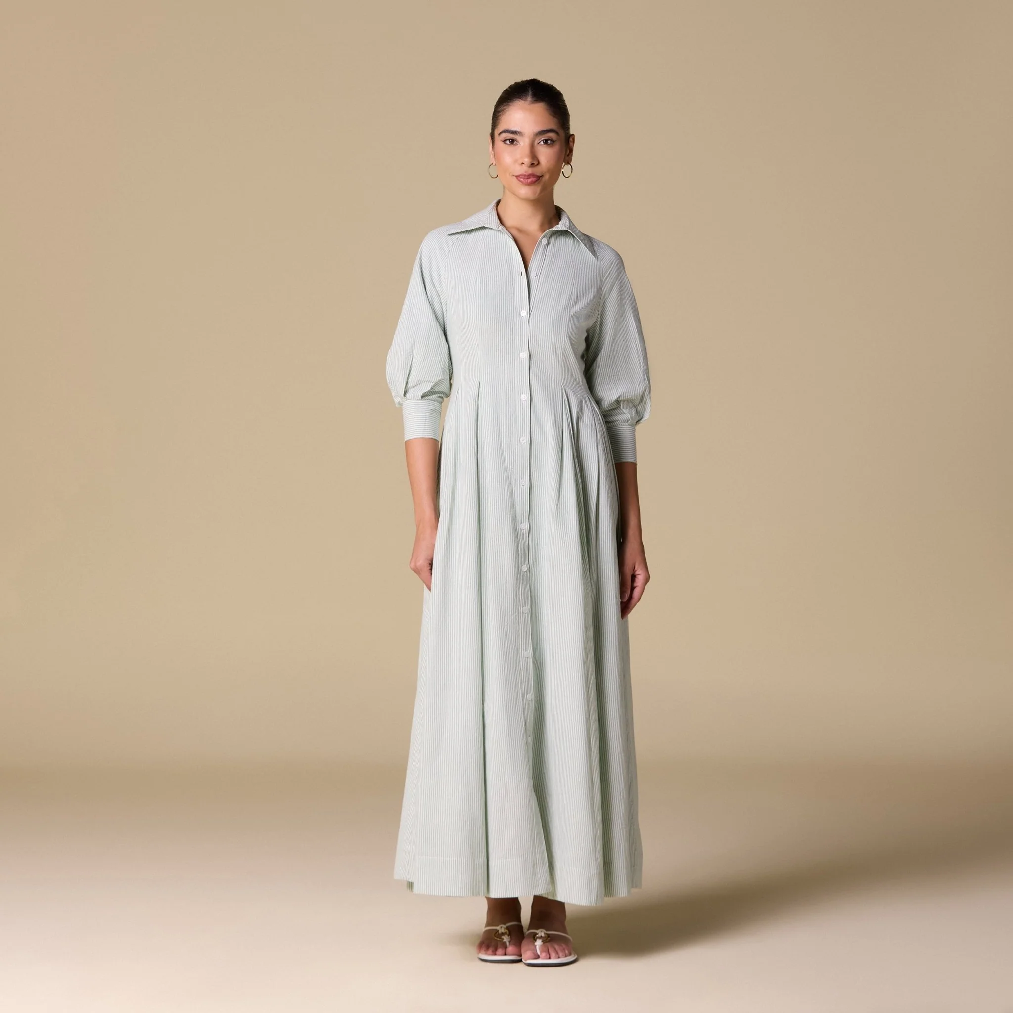 Light Green Striped Poplin Pleated Waist Maxi Shirt Dress