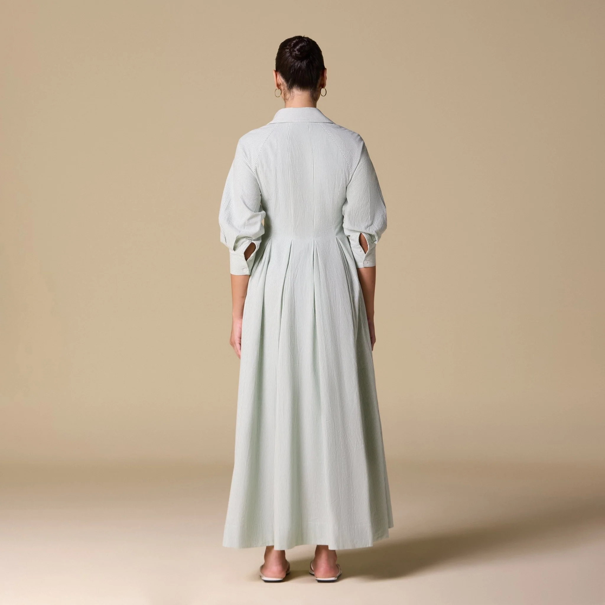 Light Green Striped Poplin Pleated Waist Maxi Shirt Dress - Image 4