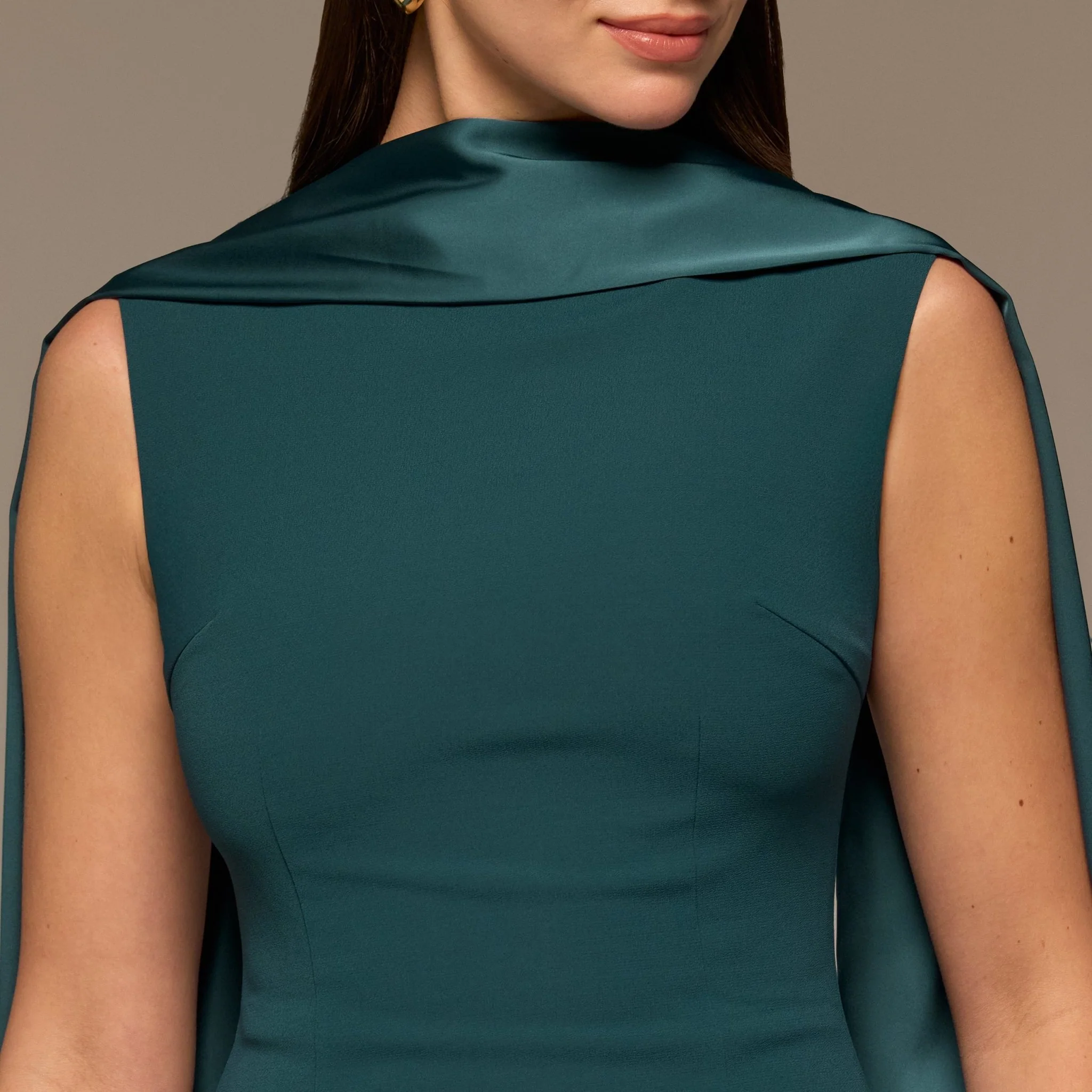Teal Satin & Crepe Maxi Dress with Back Scarf - Image 3