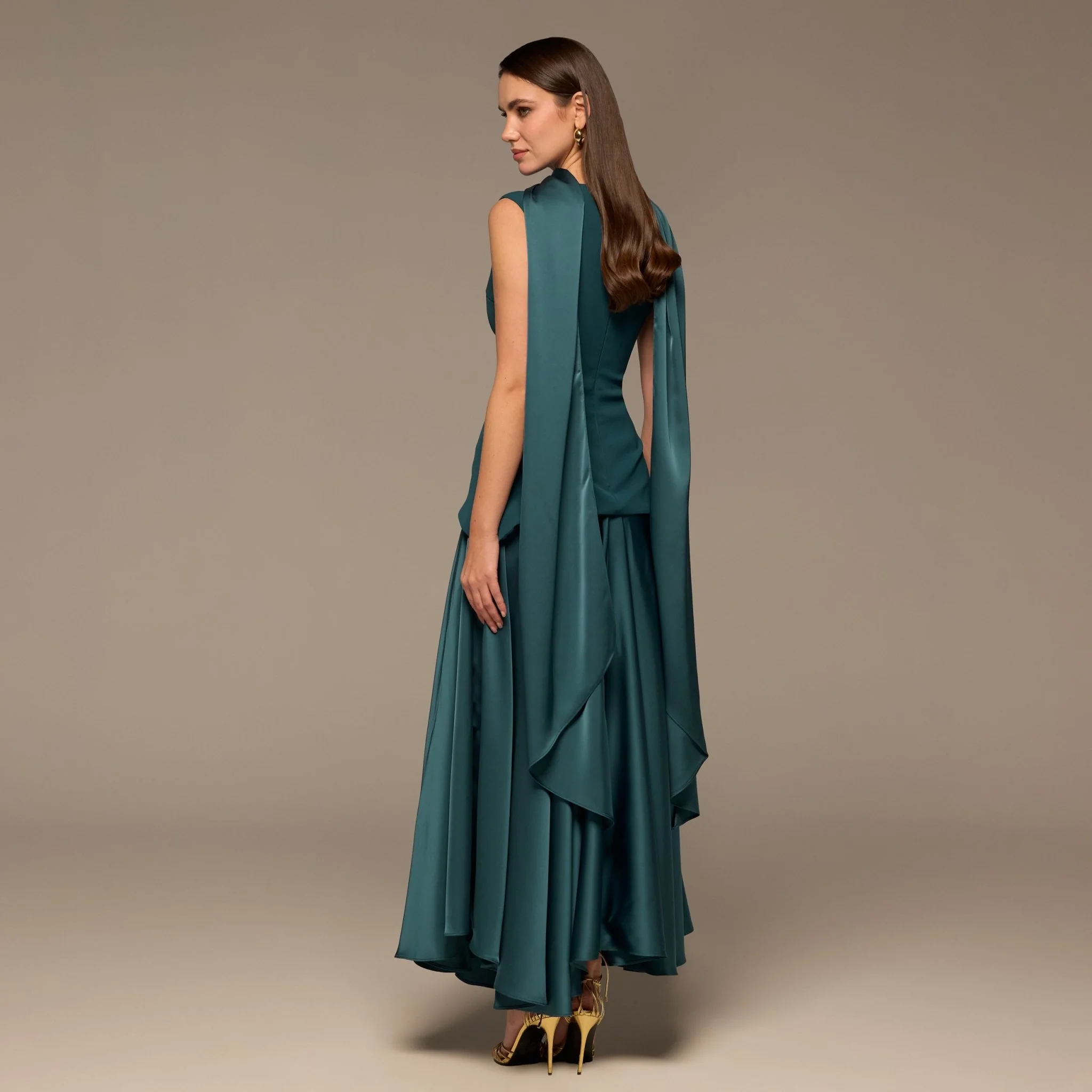 Teal Satin & Crepe Maxi Dress with Back Scarf - Image 4