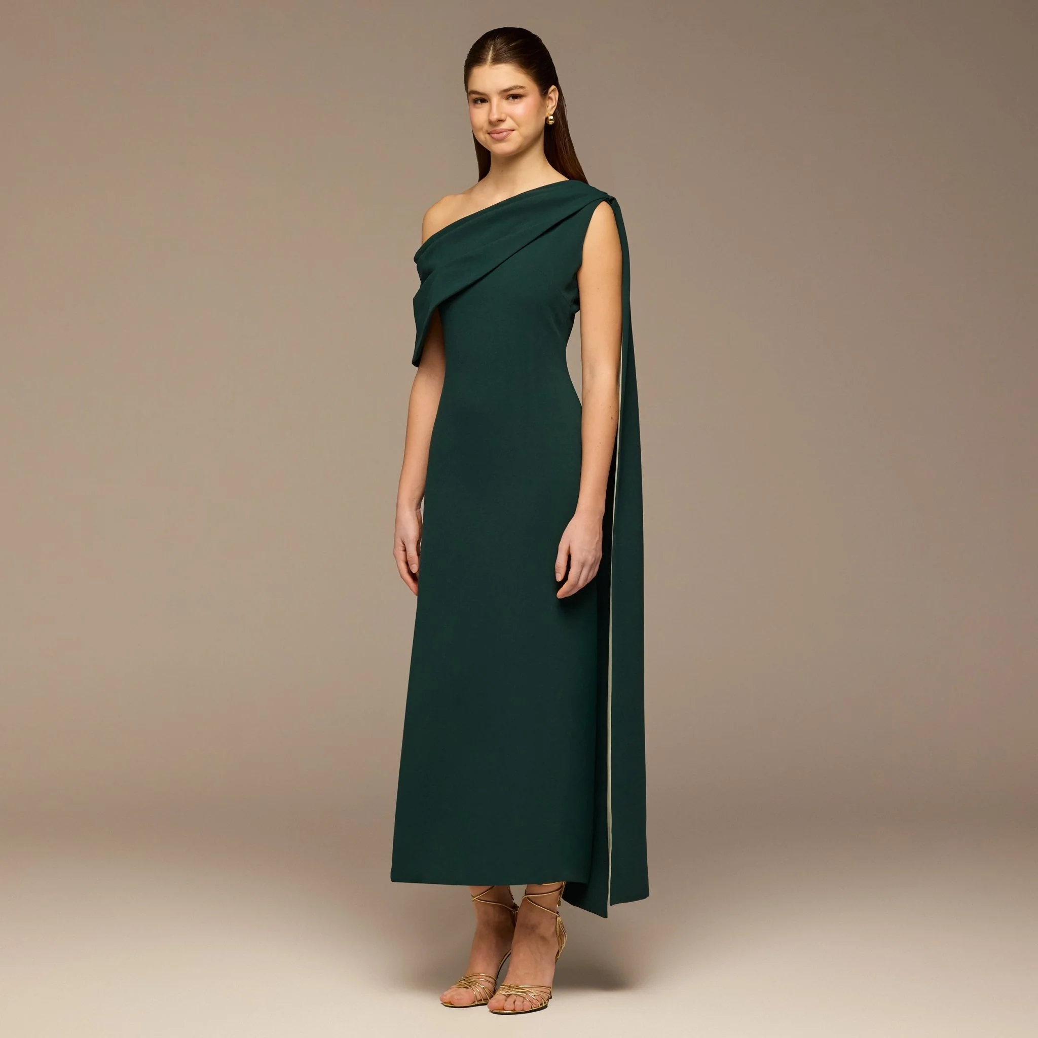 Teal One-Shoulder Crepe Dress with Scarf - Image 2