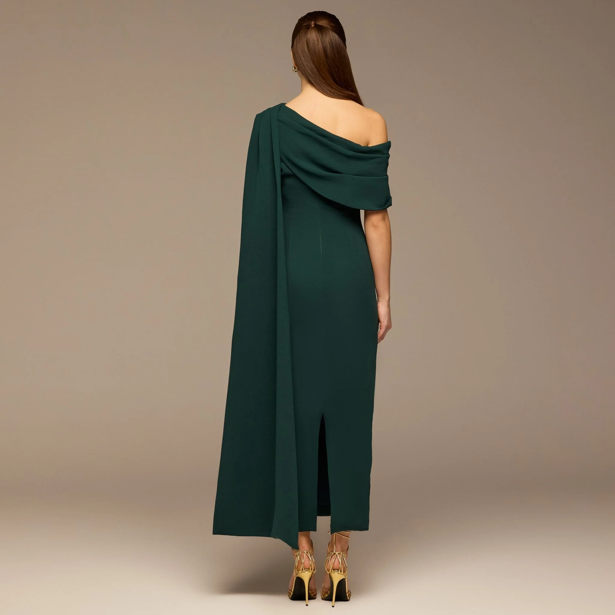 Teal One-Shoulder Crepe Dress with Scarf - Image 4