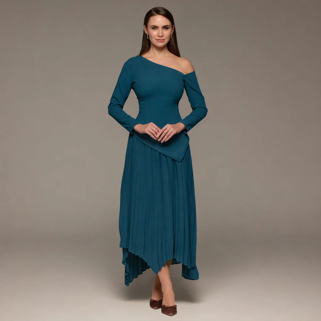 Teal One-shoulder Crepe Dress With Pleated Skirt