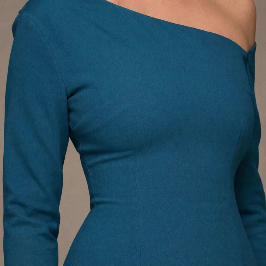 Teal One-shoulder Crepe Dress With Pleated Skirt - Image 3