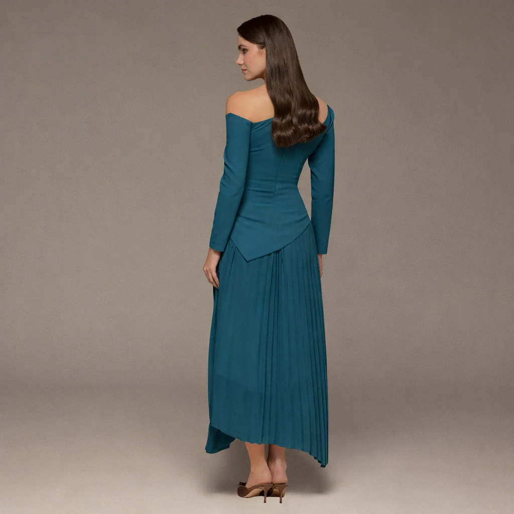 Teal One-shoulder Crepe Dress With Pleated Skirt - Image 4