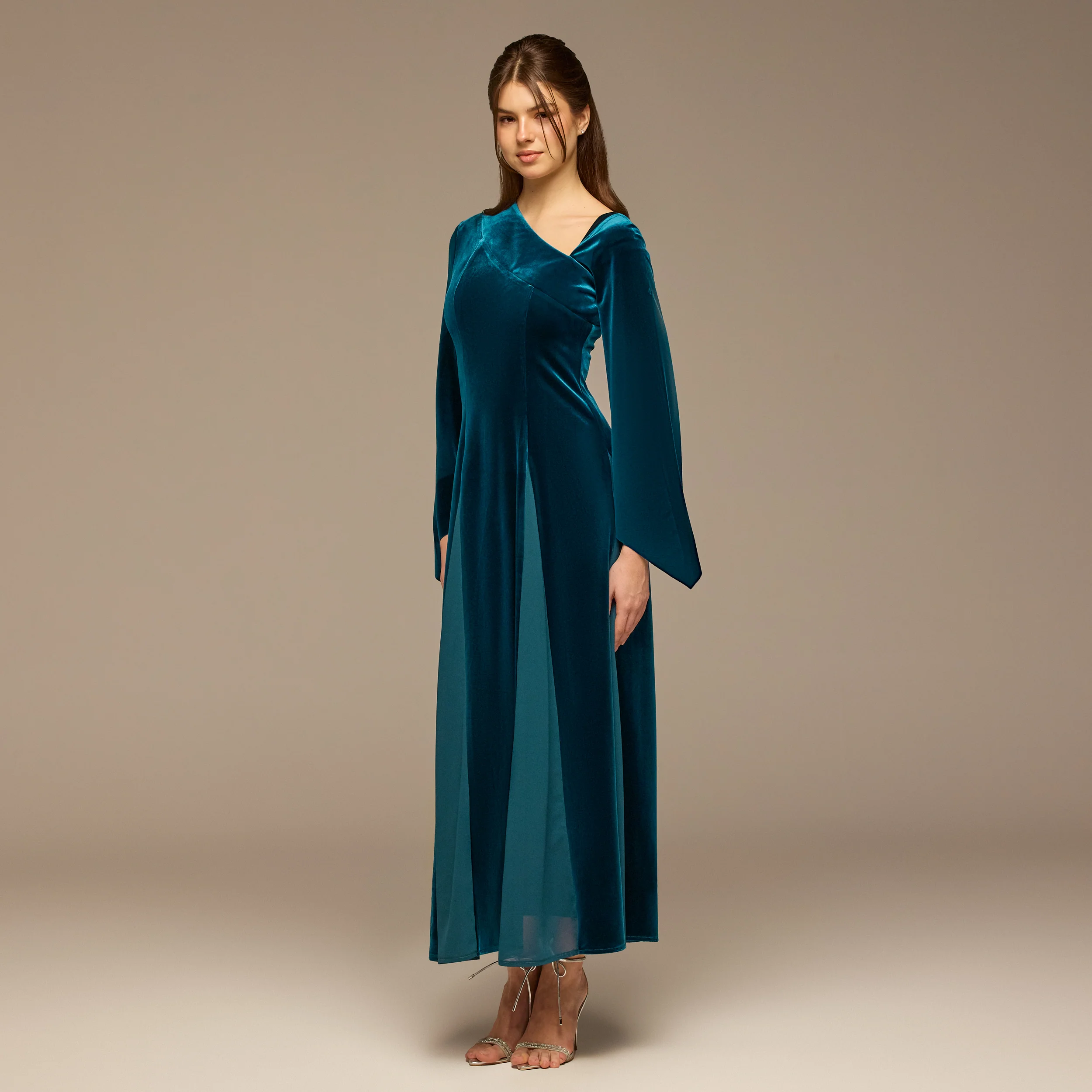 Teal Velvet Chiffon One-Shoulder Maxi Dress - Image 2