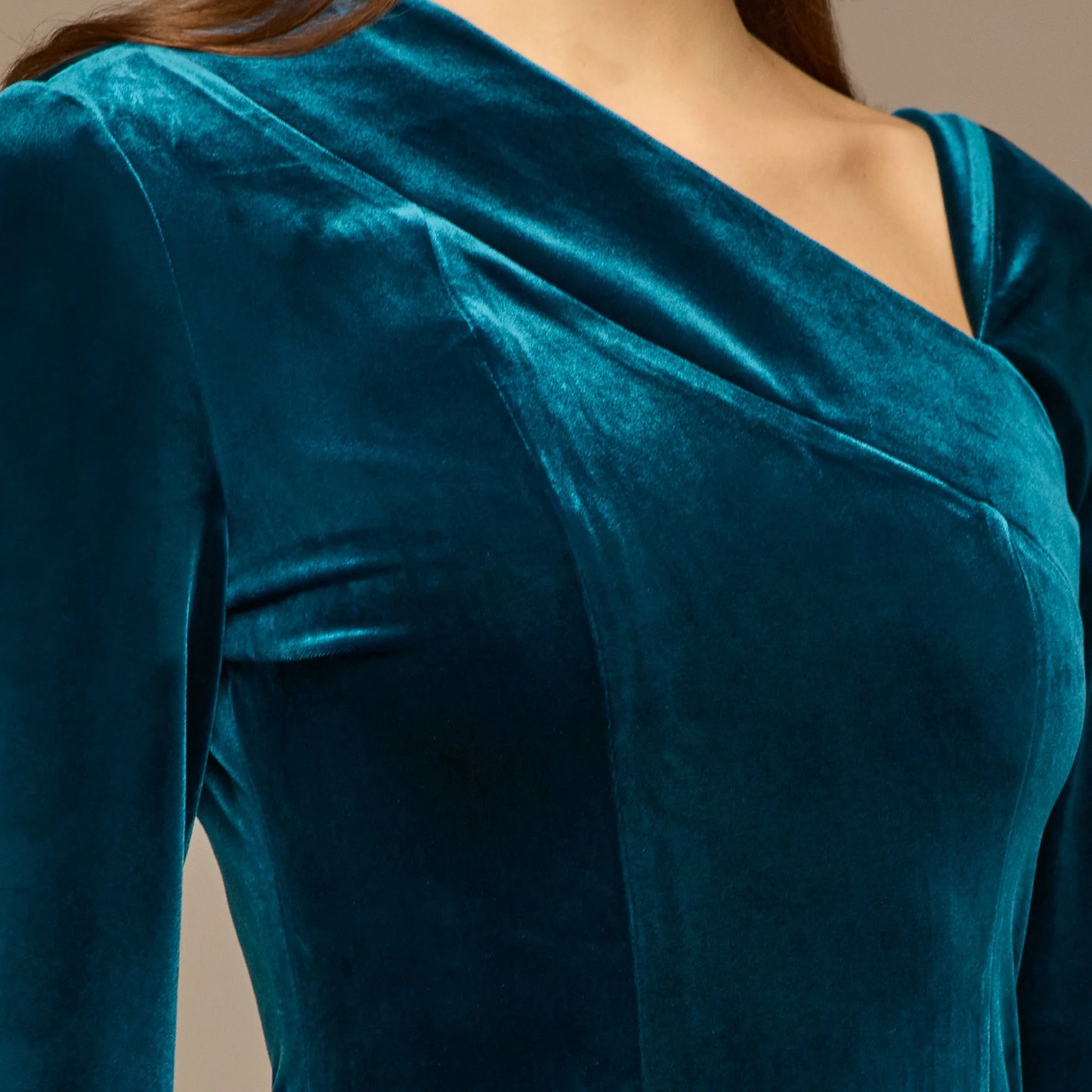 Teal Velvet Chiffon One-Shoulder Maxi Dress - Image 3