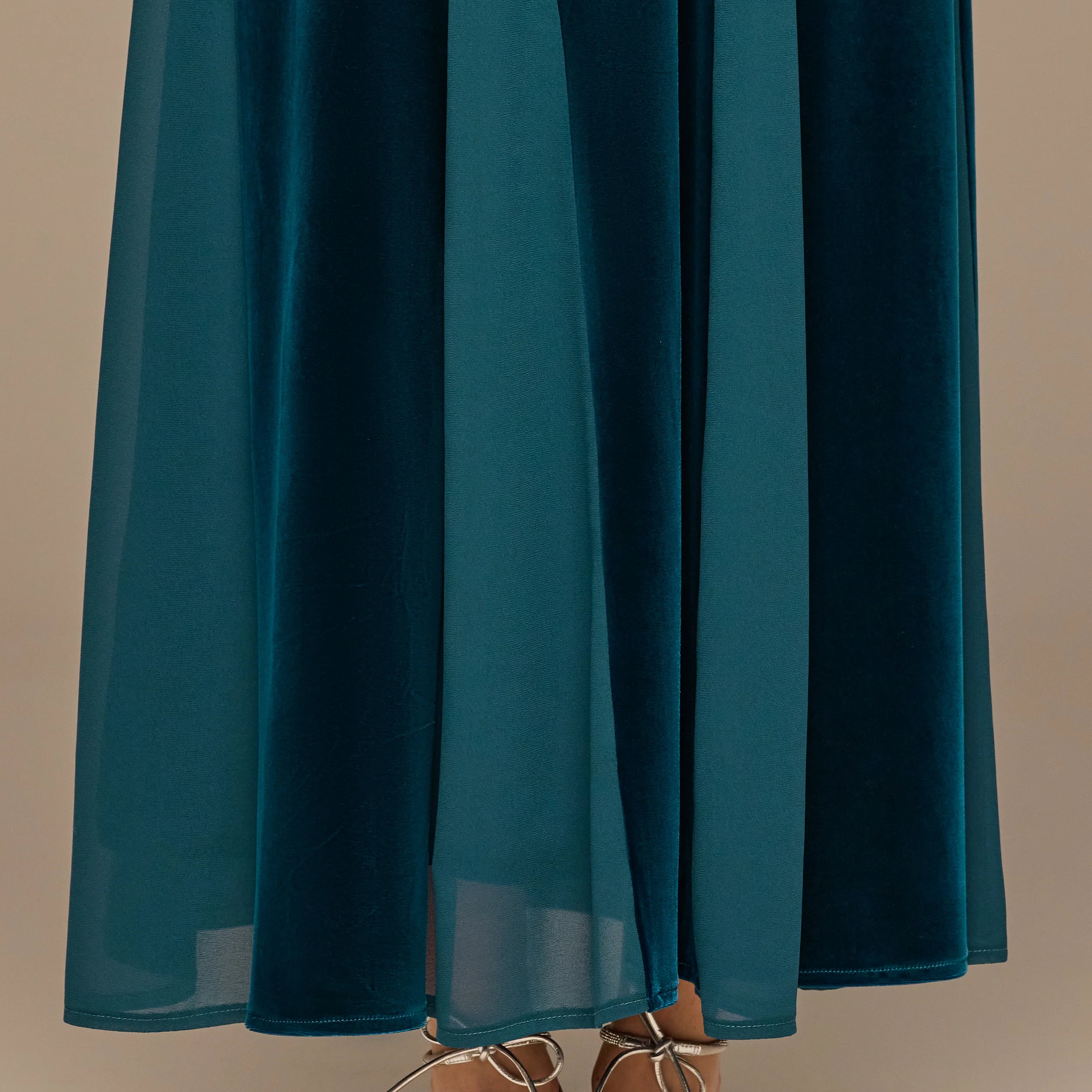 Teal Velvet Chiffon One-Shoulder Maxi Dress - Image 4