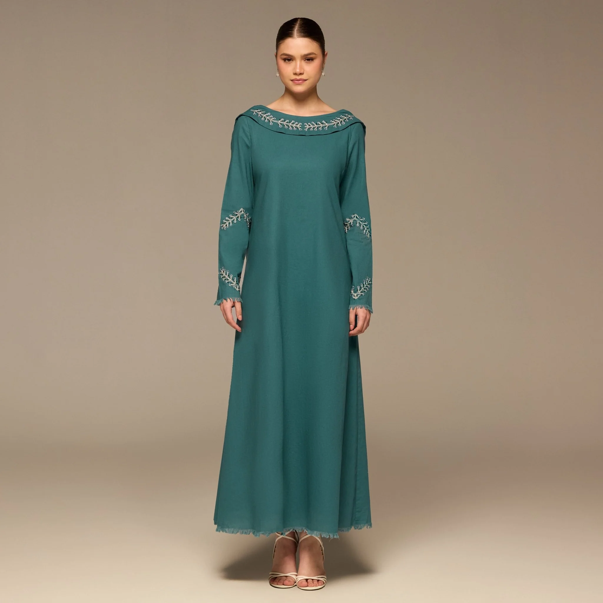 Teal Embroidered Neckline and Sleeve Linen Dress