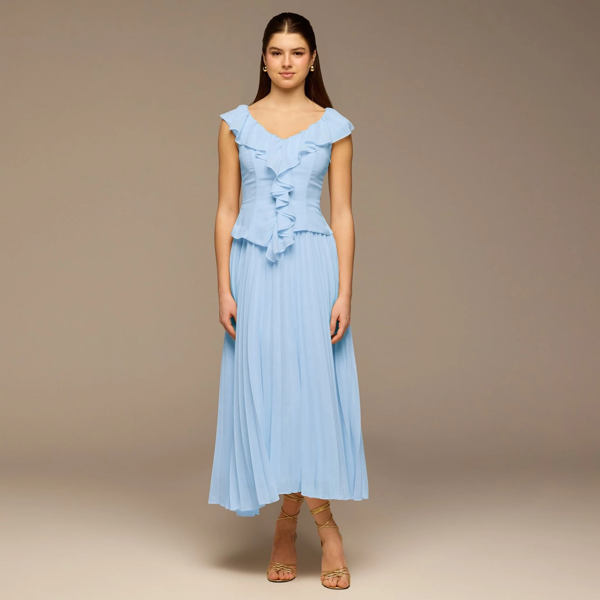 Light Blue Ruffle Neck Pleated Chiffon Dress