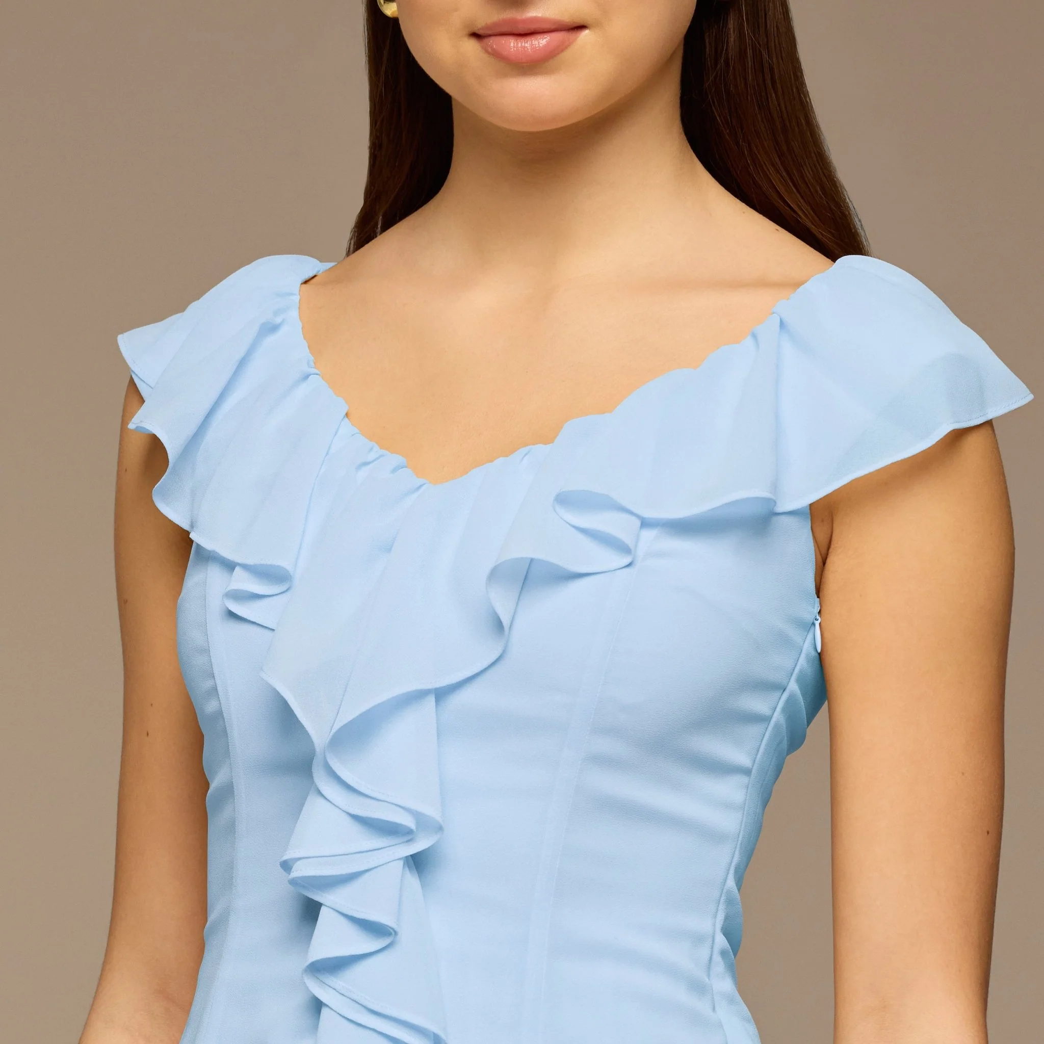 Light Blue Ruffle Neck Pleated Chiffon Dress - Image 3