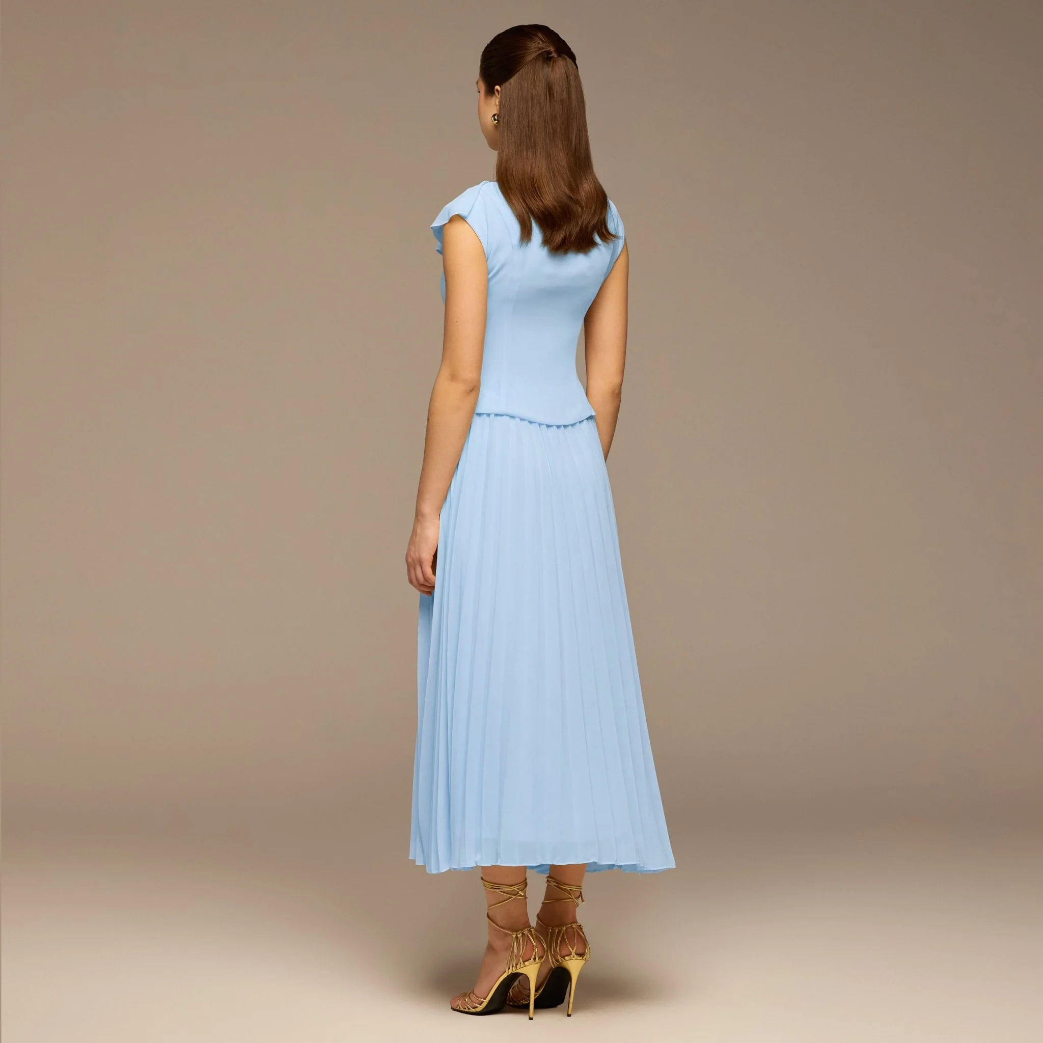 Light Blue Ruffle Neck Pleated Chiffon Dress - Image 4