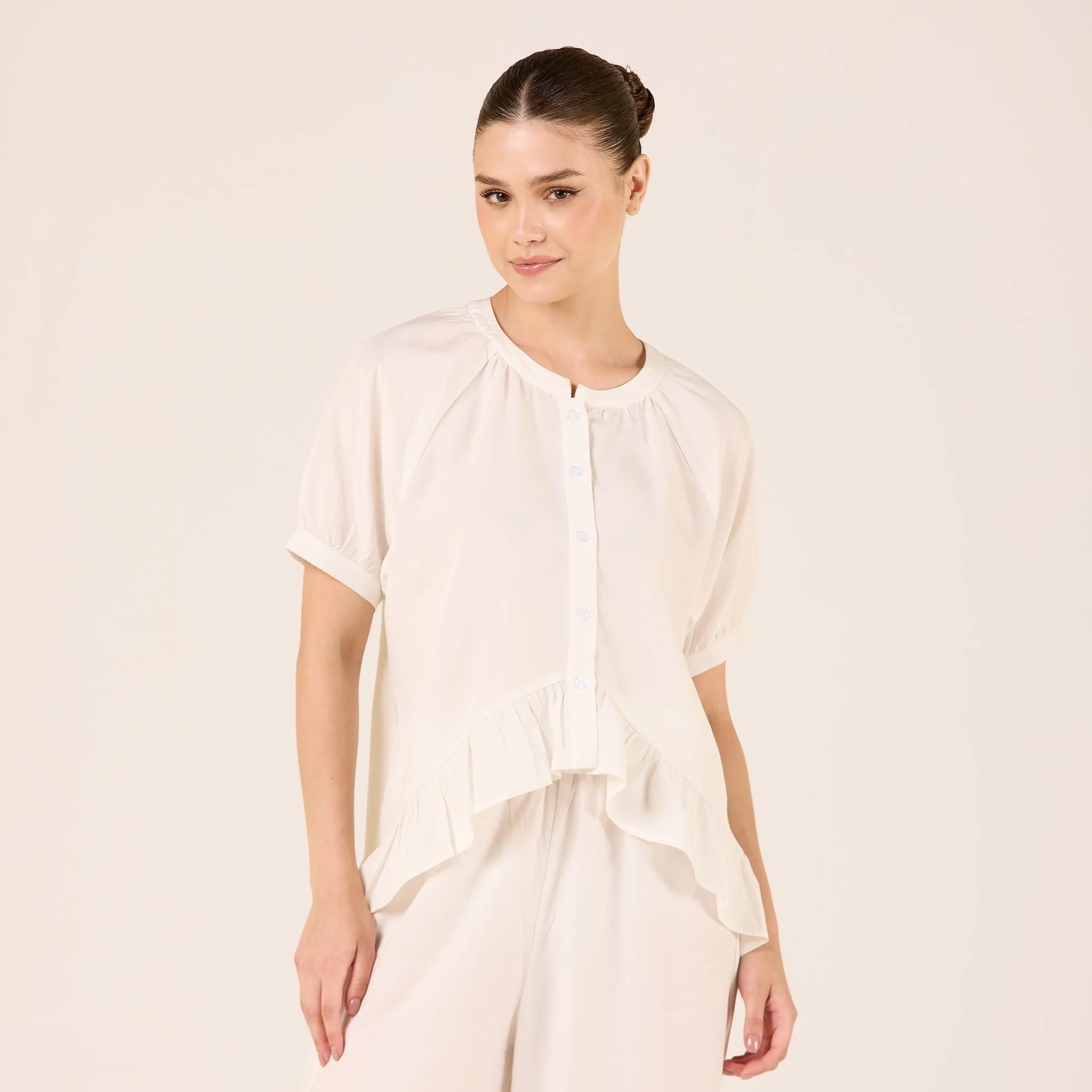 Tencel Plaid Short Balloon Sleeve Shirt
