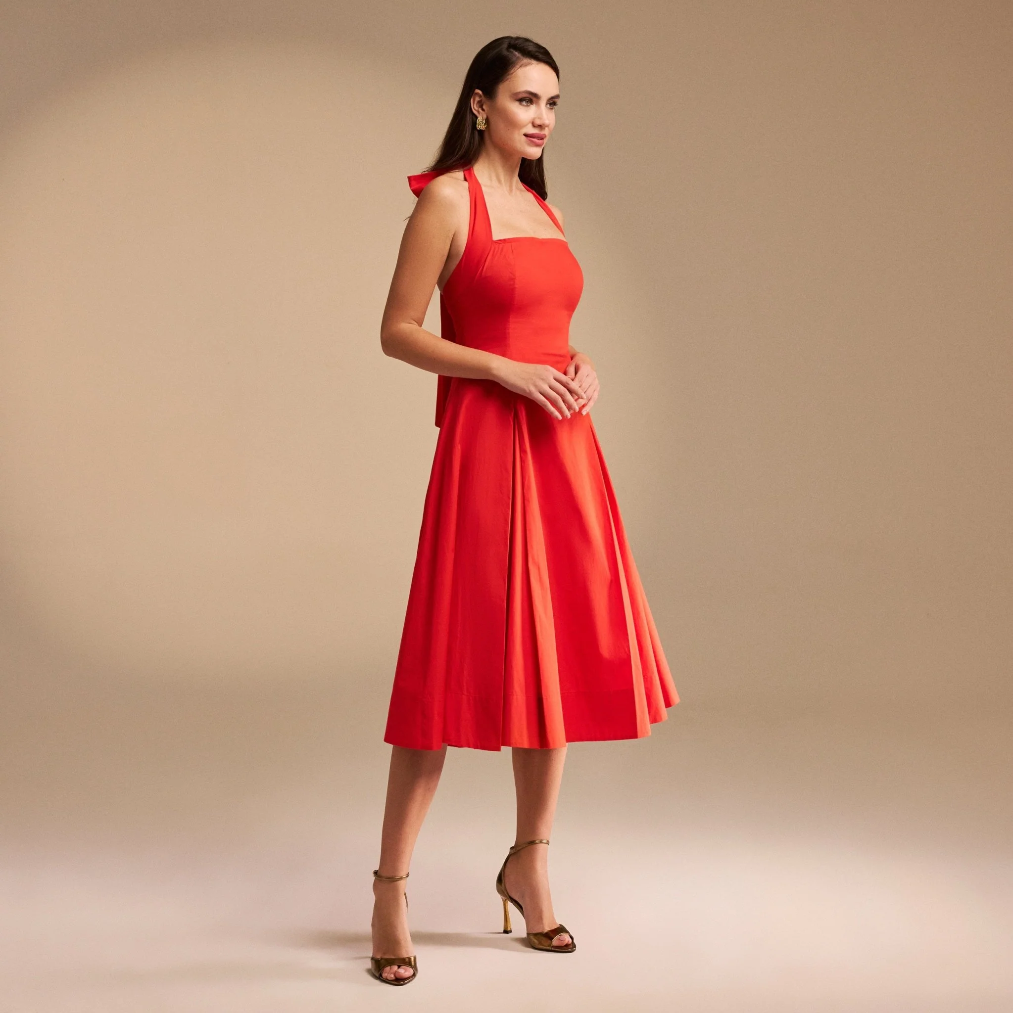 Tie Halter Neck A-Line Poplin Midi Dress - Image 4