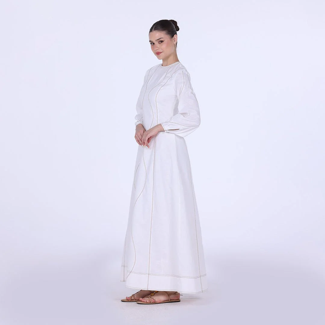 White Twill Round Neck Puff Sleeve Maxi Dress