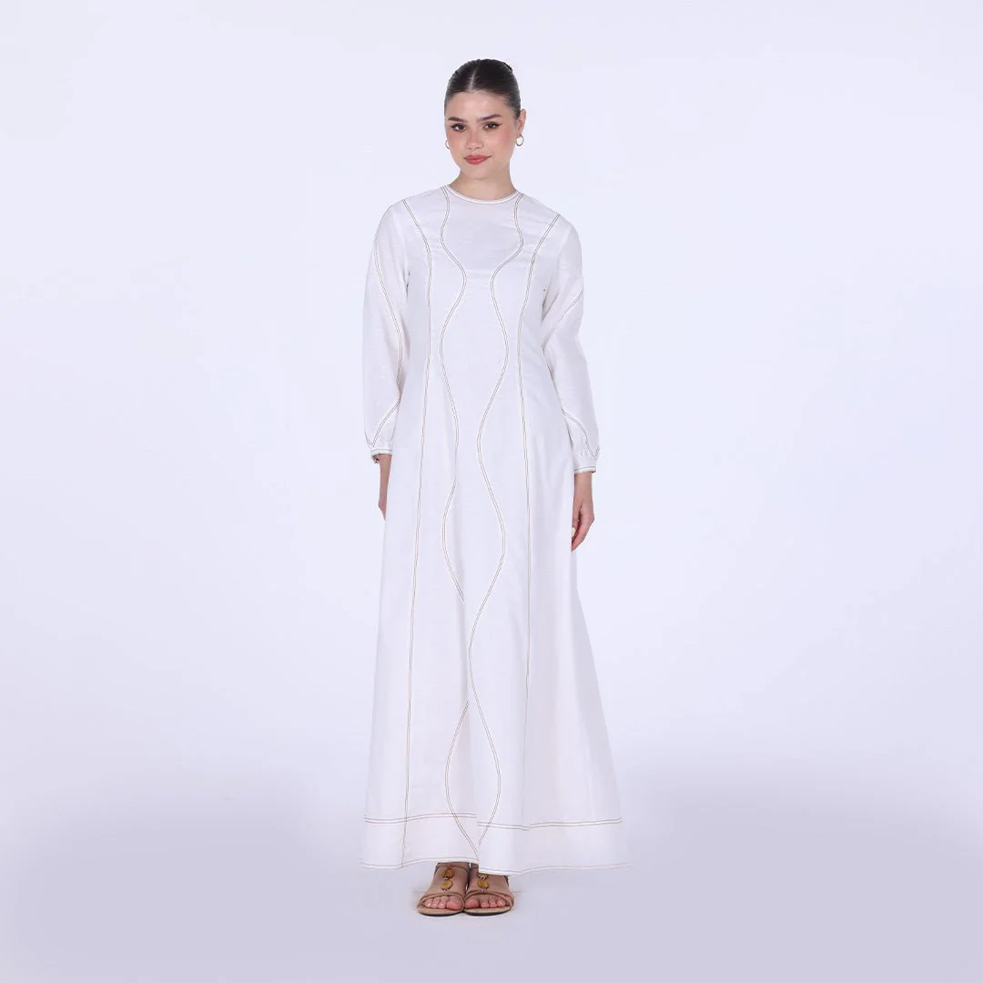 White Twill Round Neck Puff Sleeve Maxi Dress - Image 2