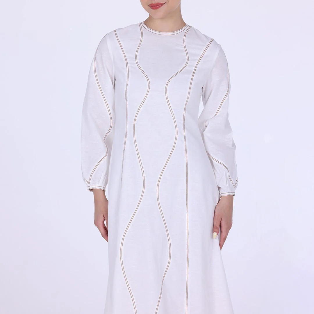 White Twill Round Neck Puff Sleeve Maxi Dress - Image 3