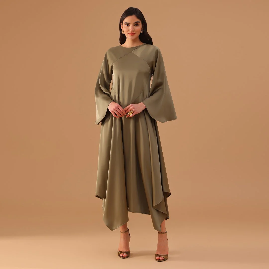 Green Two-Tone Cape Dress with Asymmetrical Hem