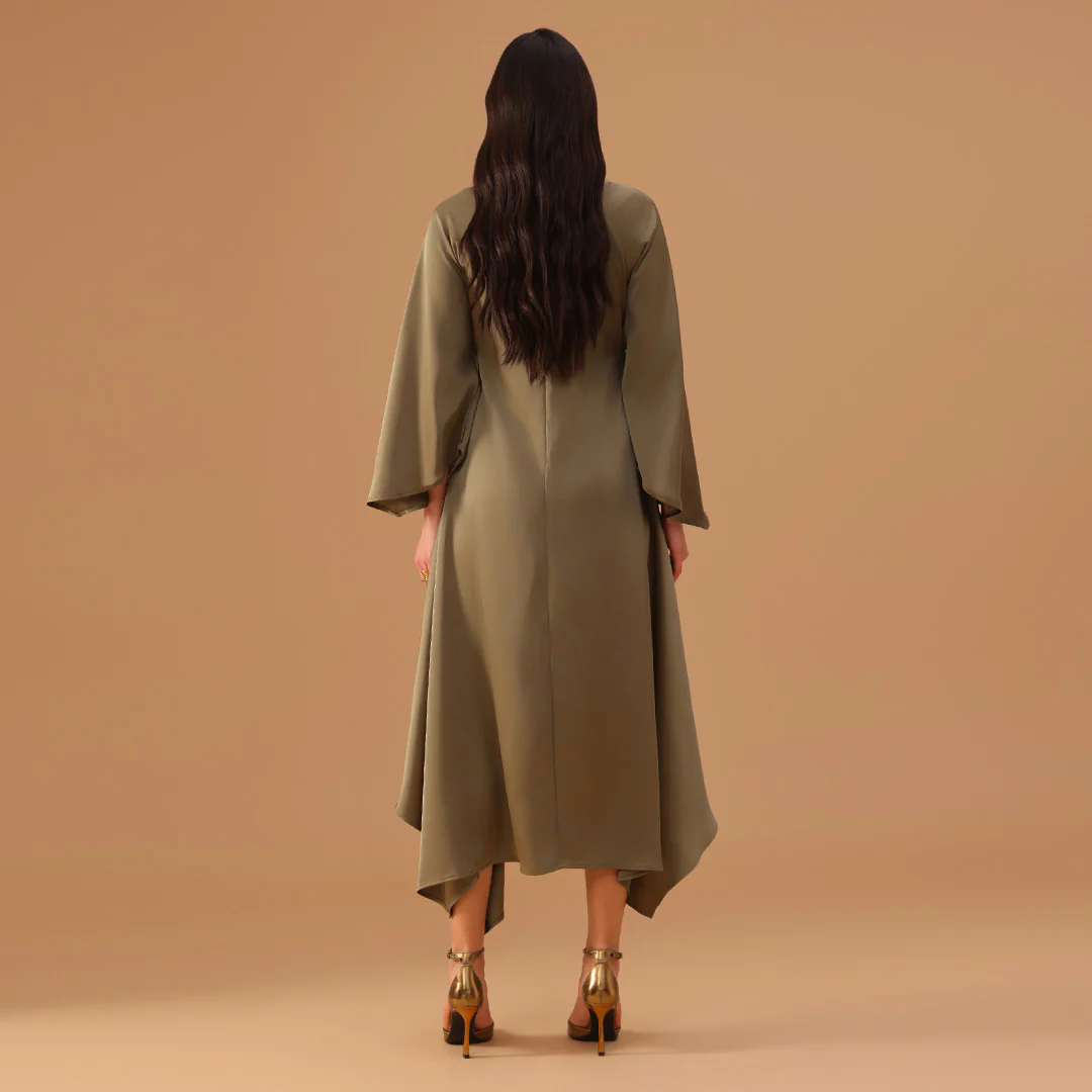 Green Two-Tone Cape Dress with Asymmetrical Hem - Image 4