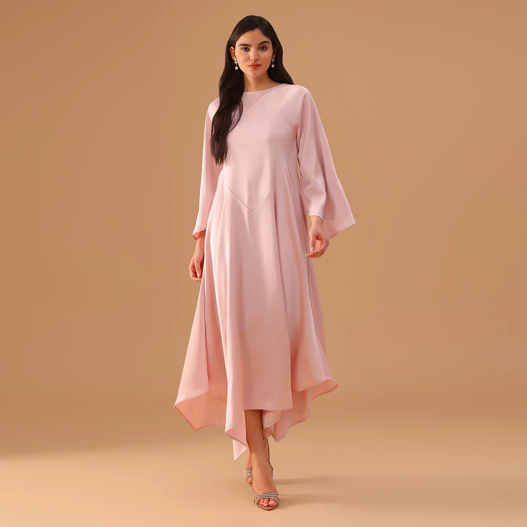 Pink Two-Tone Cape Dress with Asymmetrical Hem