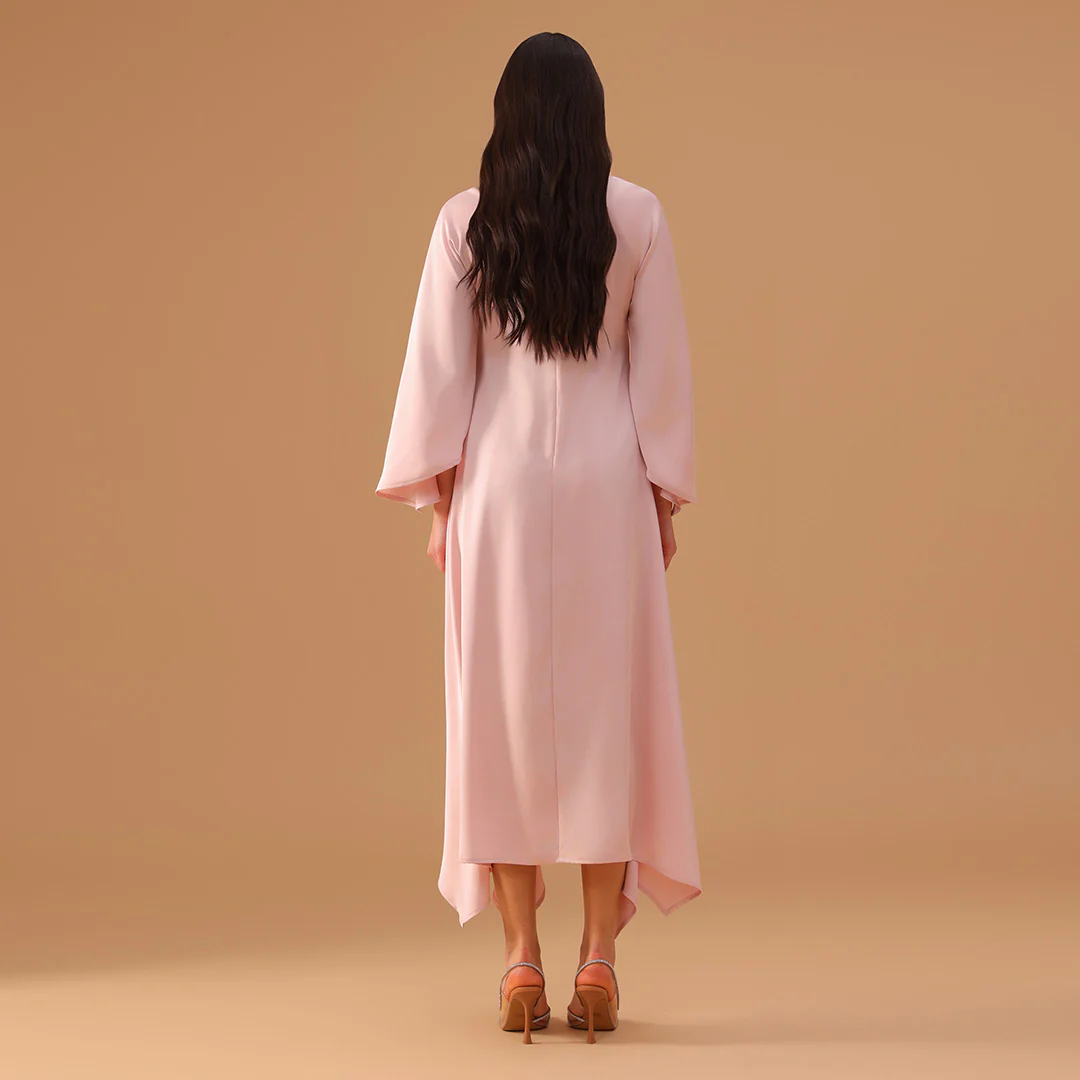 Pink Two-Tone Cape Dress with Asymmetrical Hem - Image 3
