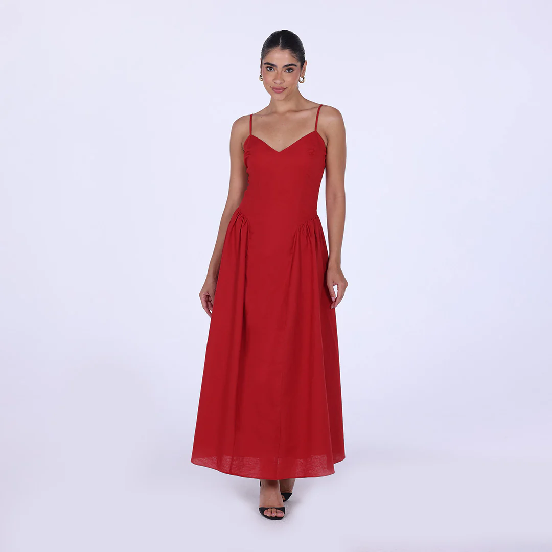Linen V-neckline Spaghetti Straps Midi Dress