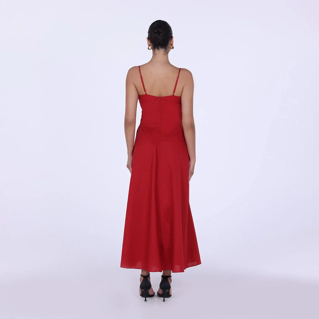 Linen V-neckline Spaghetti Straps Midi Dress - Image 4