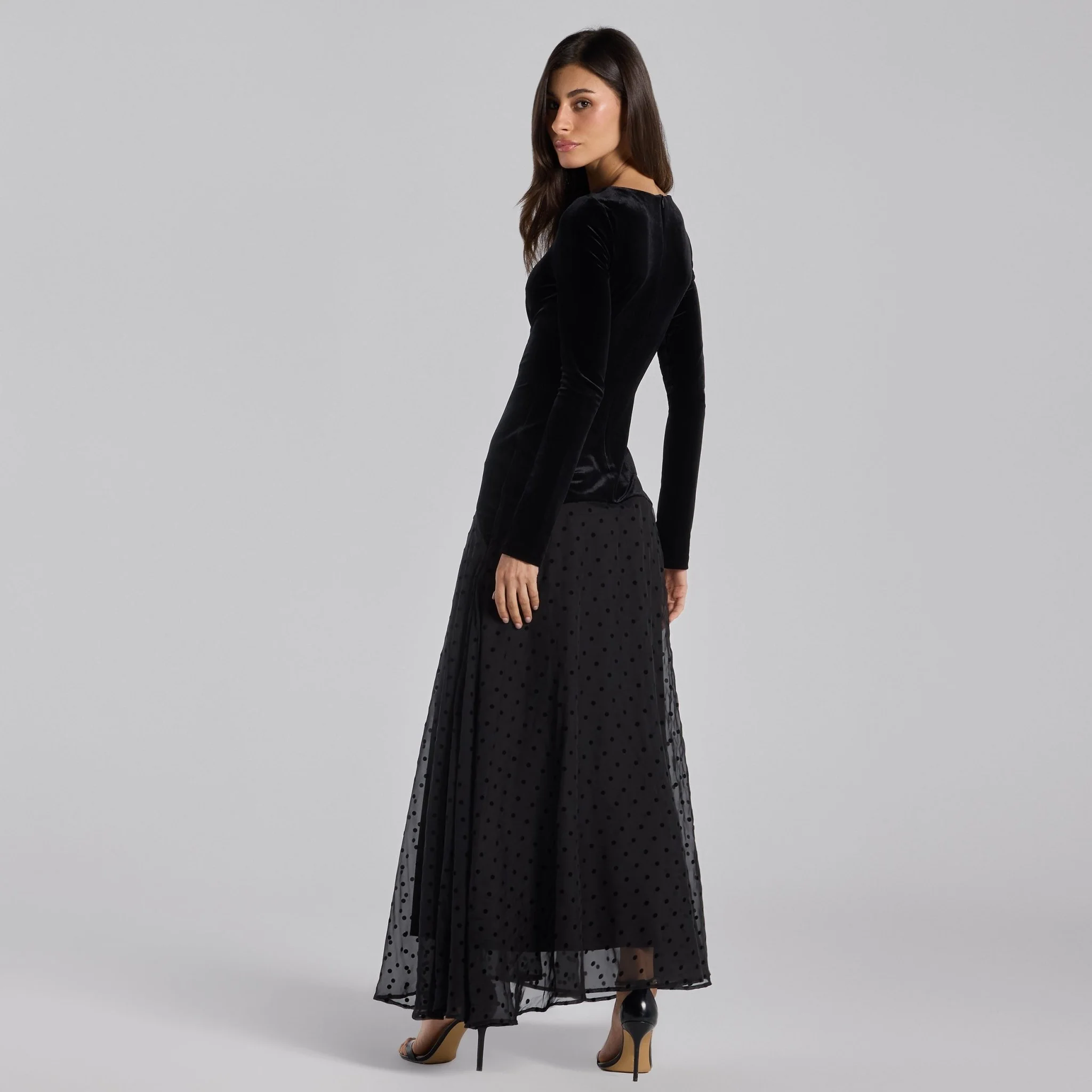 Black Velvet-Chiffon Flounce Maxi Dress - Image 4