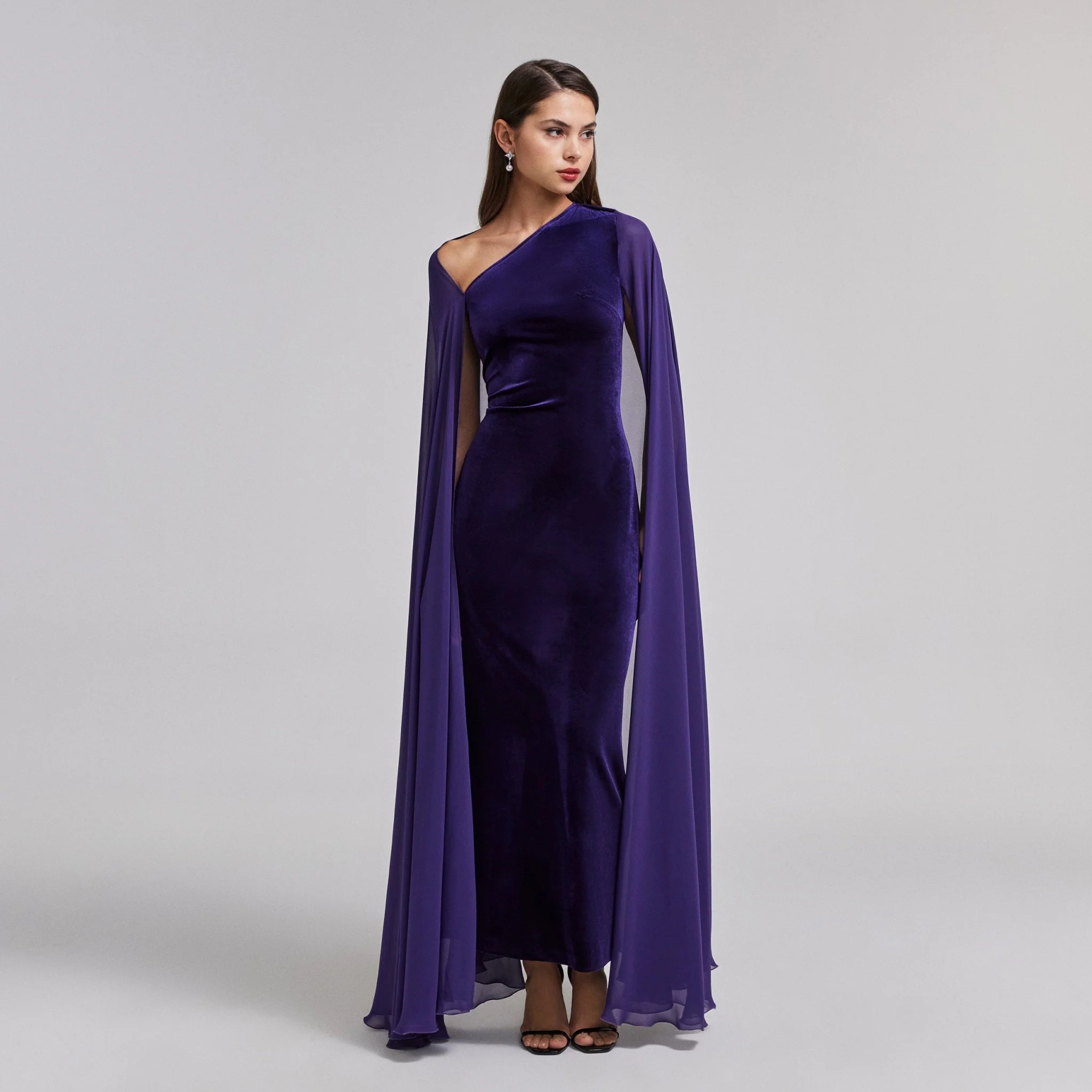 Velvet Maxi Dress with Chiffon Cape - Image 3