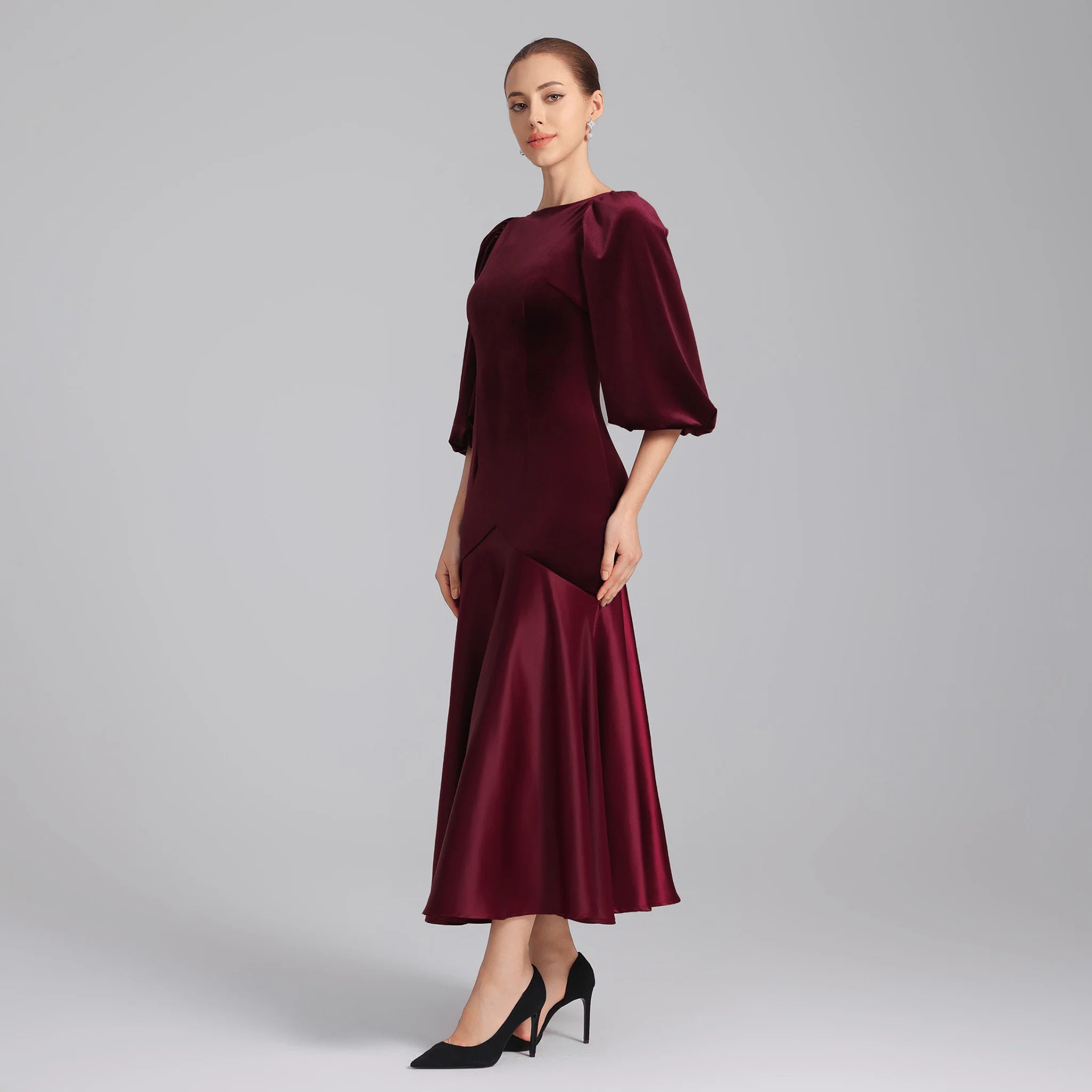 Burgundy Velvet-Satin Balloon Sleeve Midi Dress - Image 3