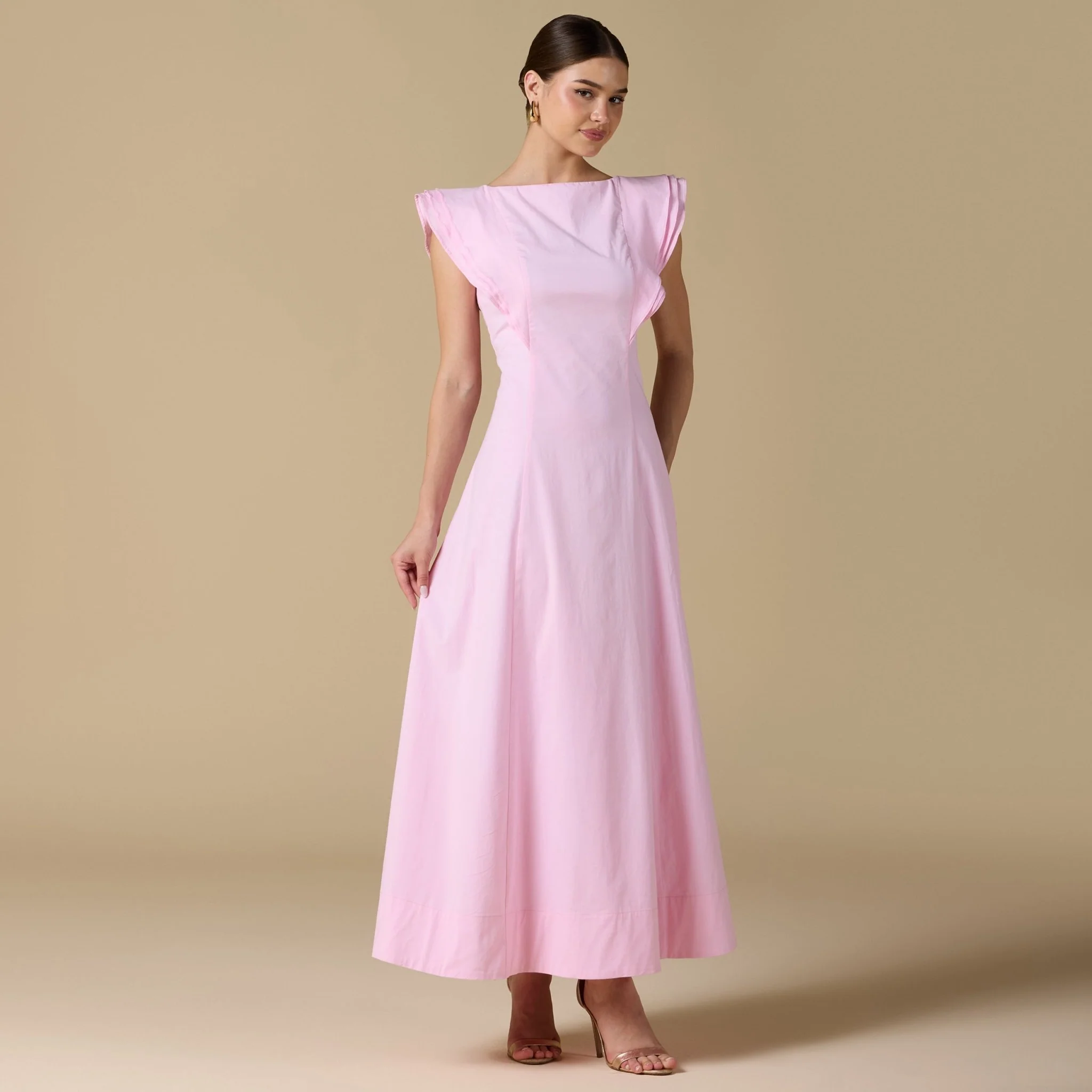 Pink Washed Cotton Boat Neck Midi Dress with Back Tie