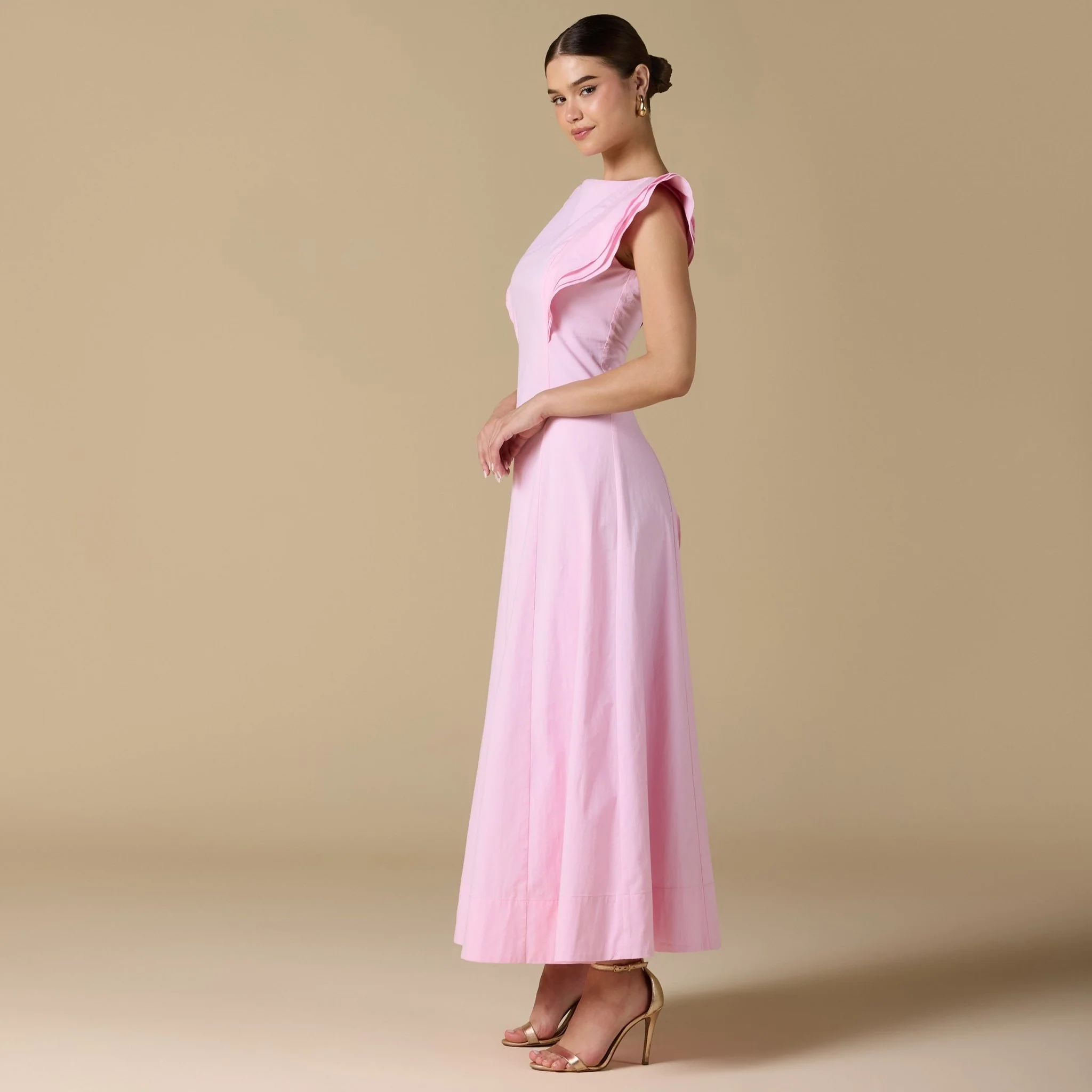 Pink Washed Cotton Boat Neck Midi Dress with Back Tie - Image 2