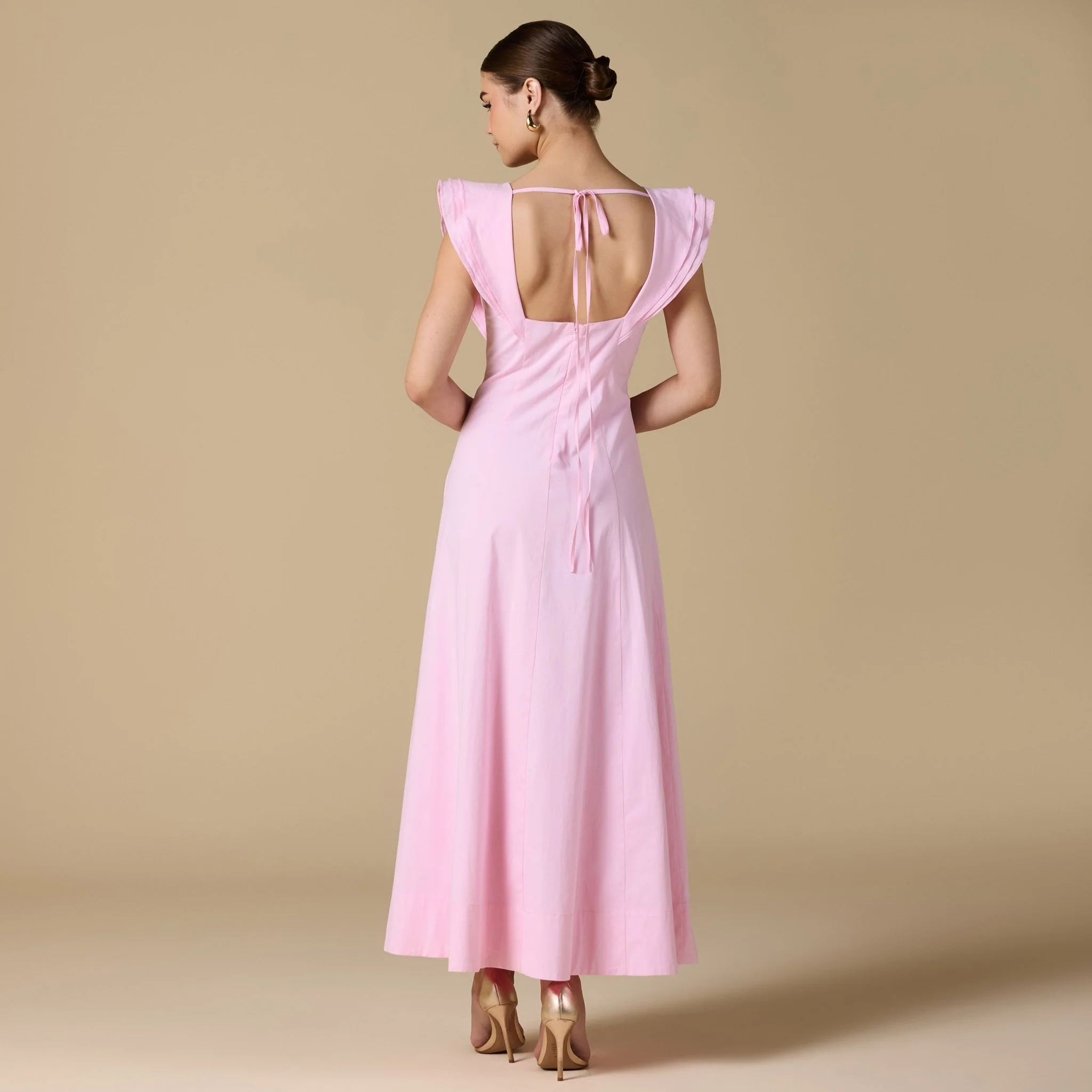 Pink Washed Cotton Boat Neck Midi Dress with Back Tie - Image 4