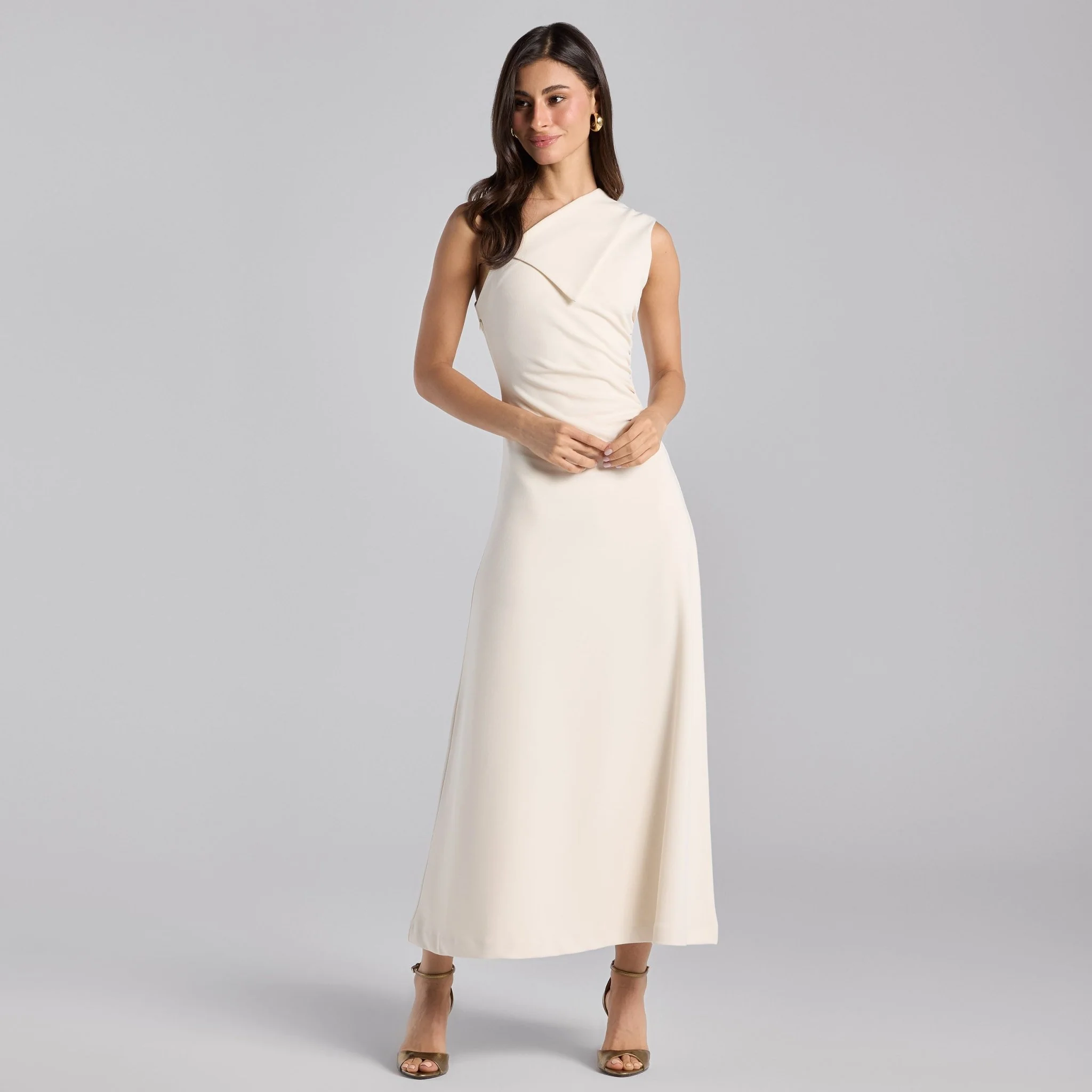 White Asymmetric Folded Neck Crepe Maxi Dress