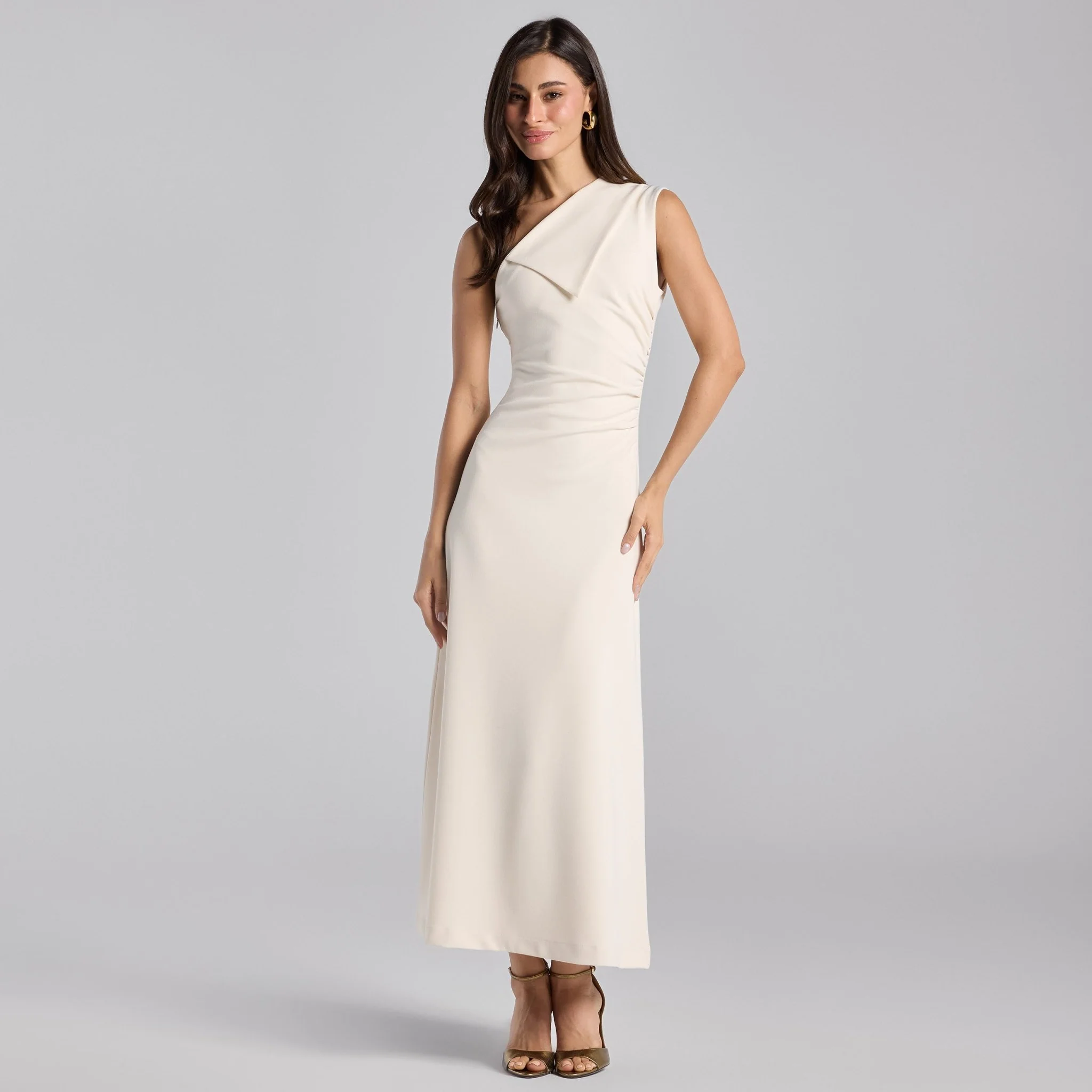 White Asymmetric Folded Neck Crepe Maxi Dress - Image 2