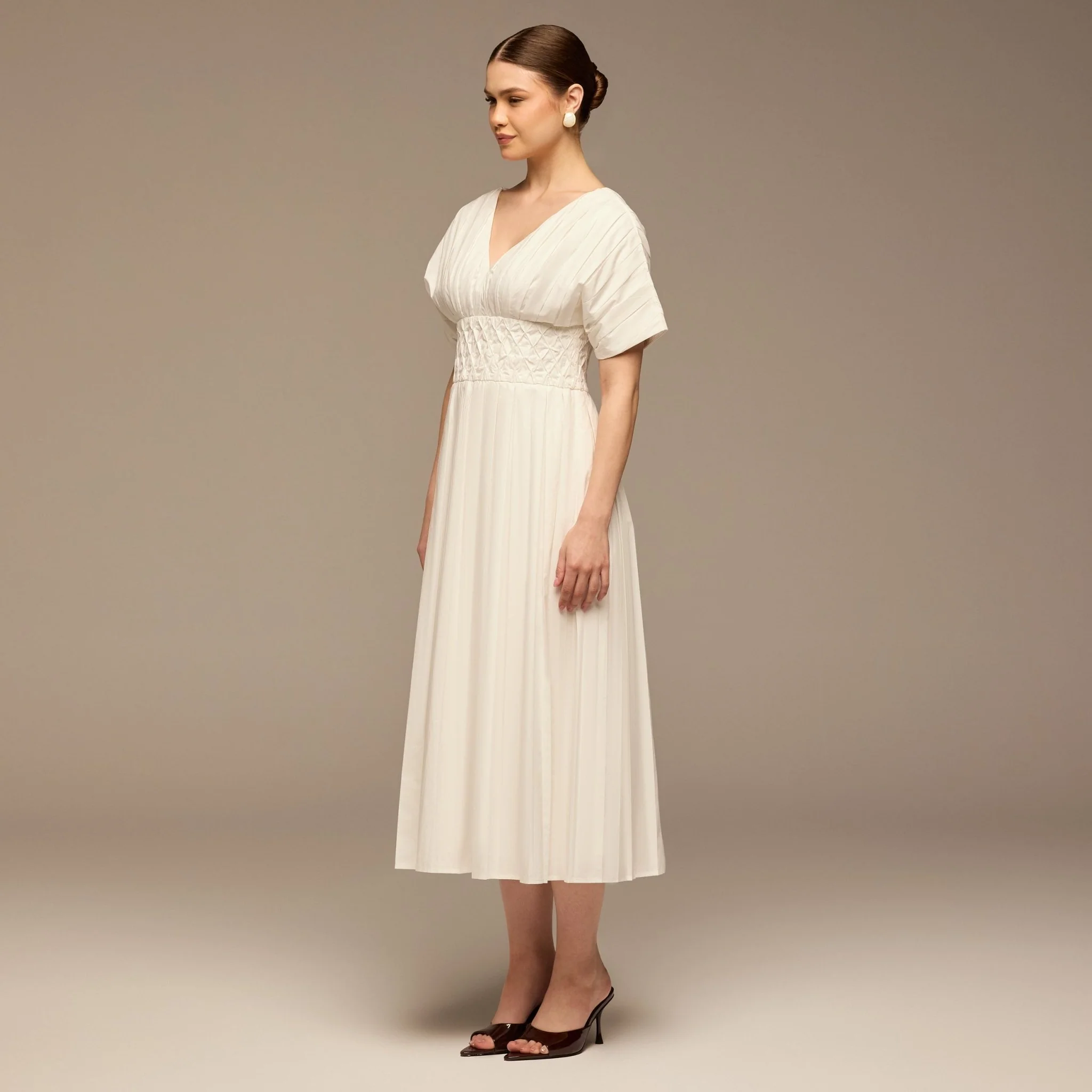 White Poplin Cotton Puffy Sleeve Dress - Image 3