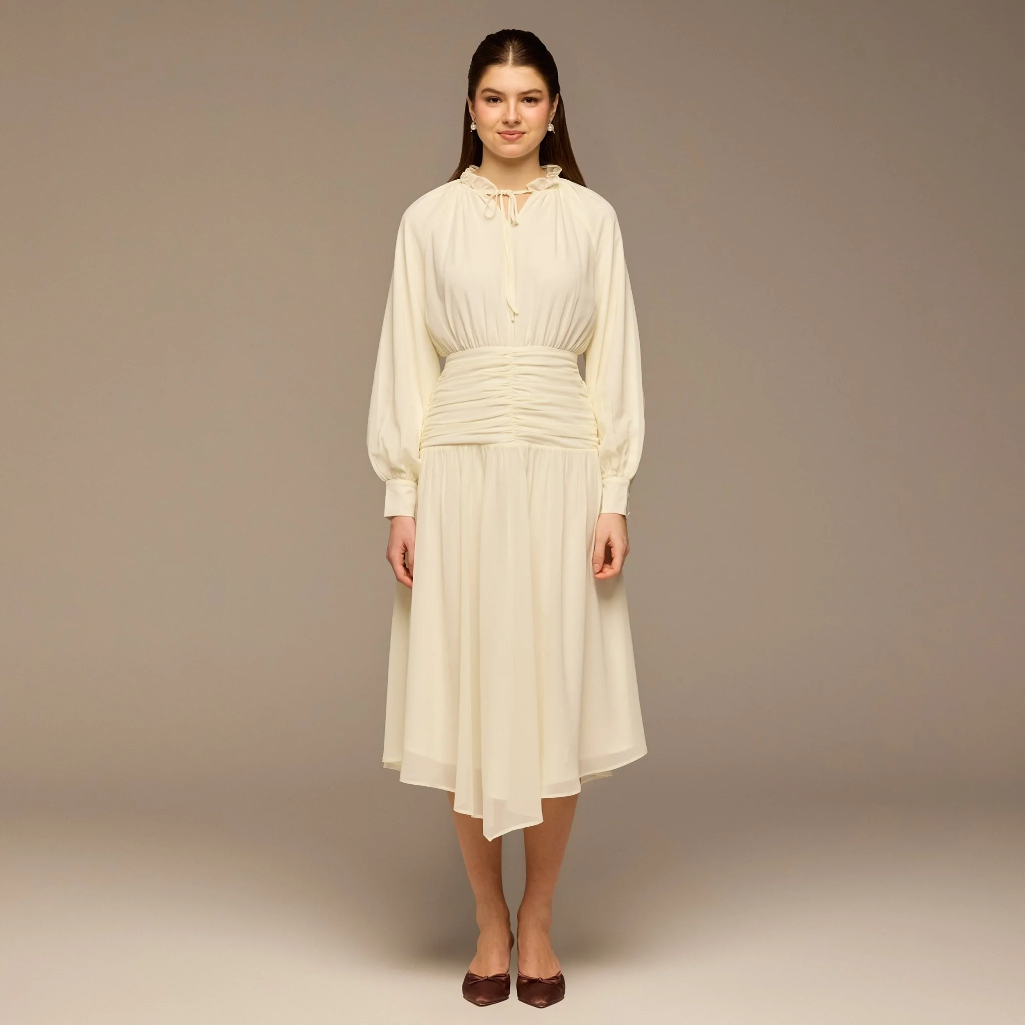White Chiffon Long-Sleeve Gathered Dress