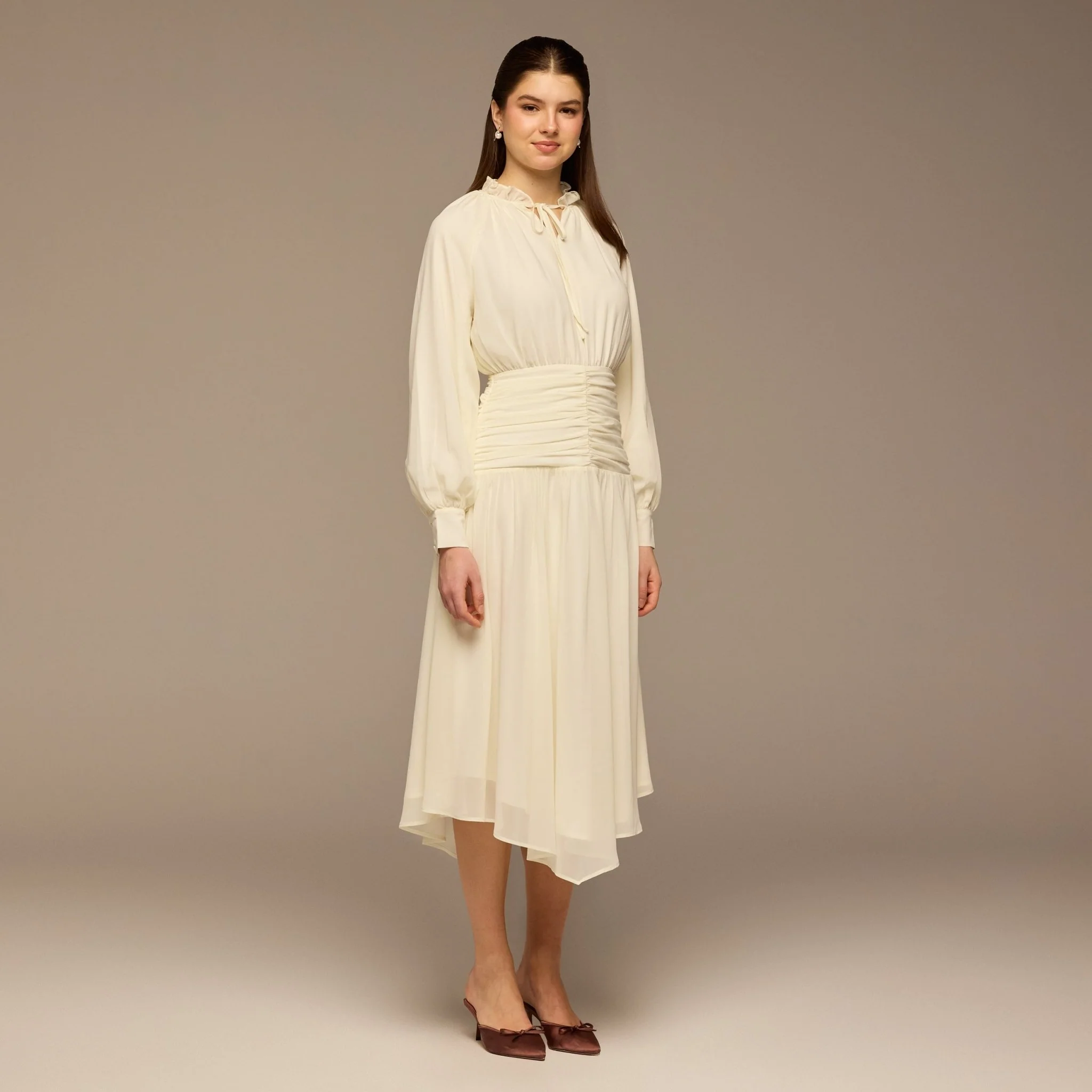 White Chiffon Long-Sleeve Gathered Dress - Image 2