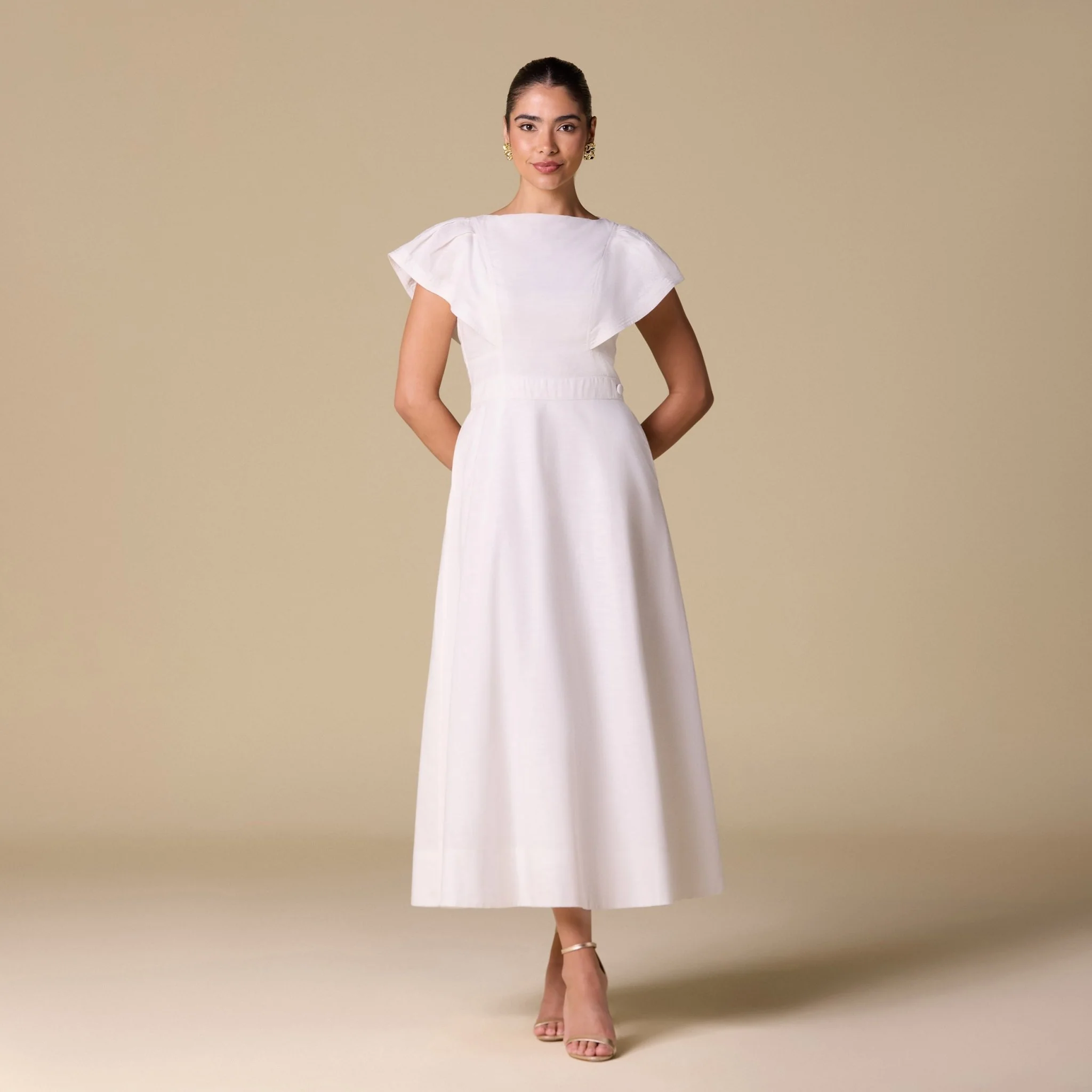 White Linen Blend Short Flared Sleeve Midi Dress - Image 2