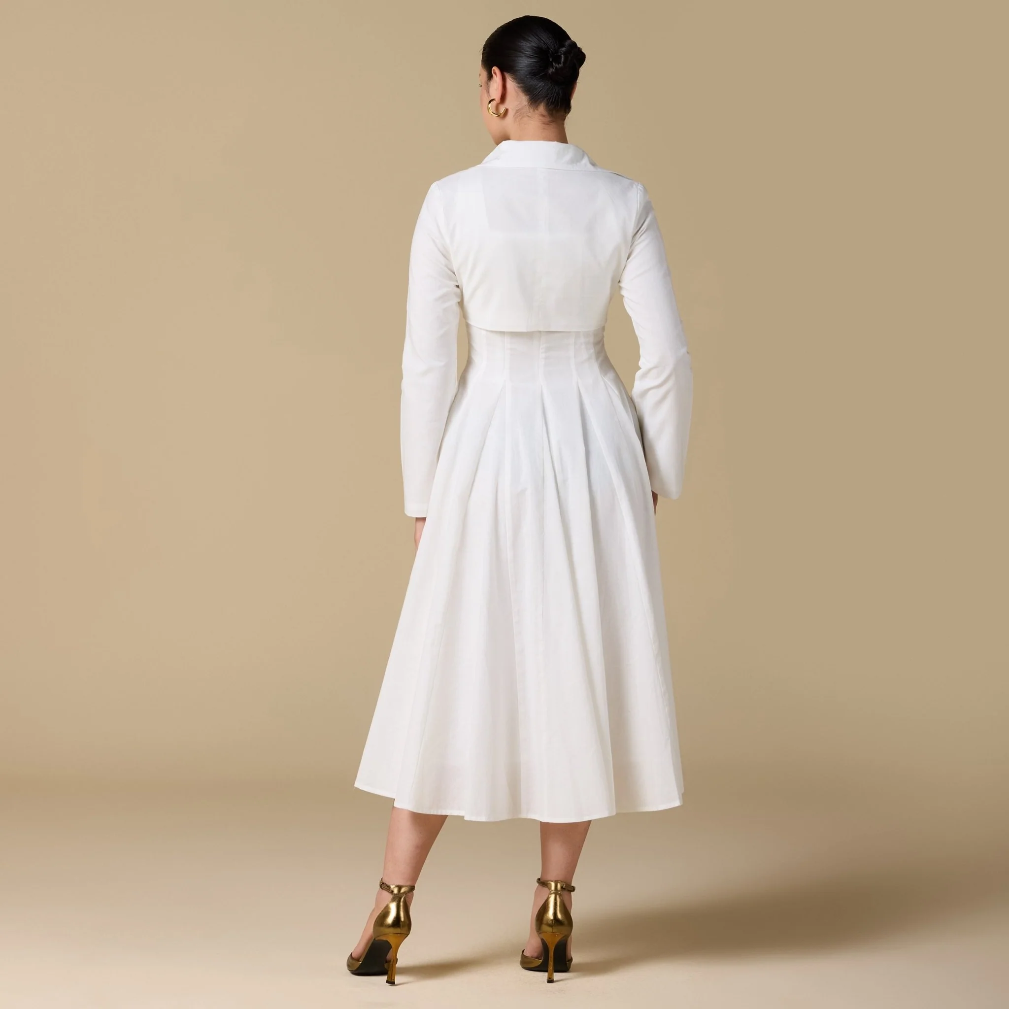 White Linen-Blend Square Neckline Dress with Crop Jacket - Image 4