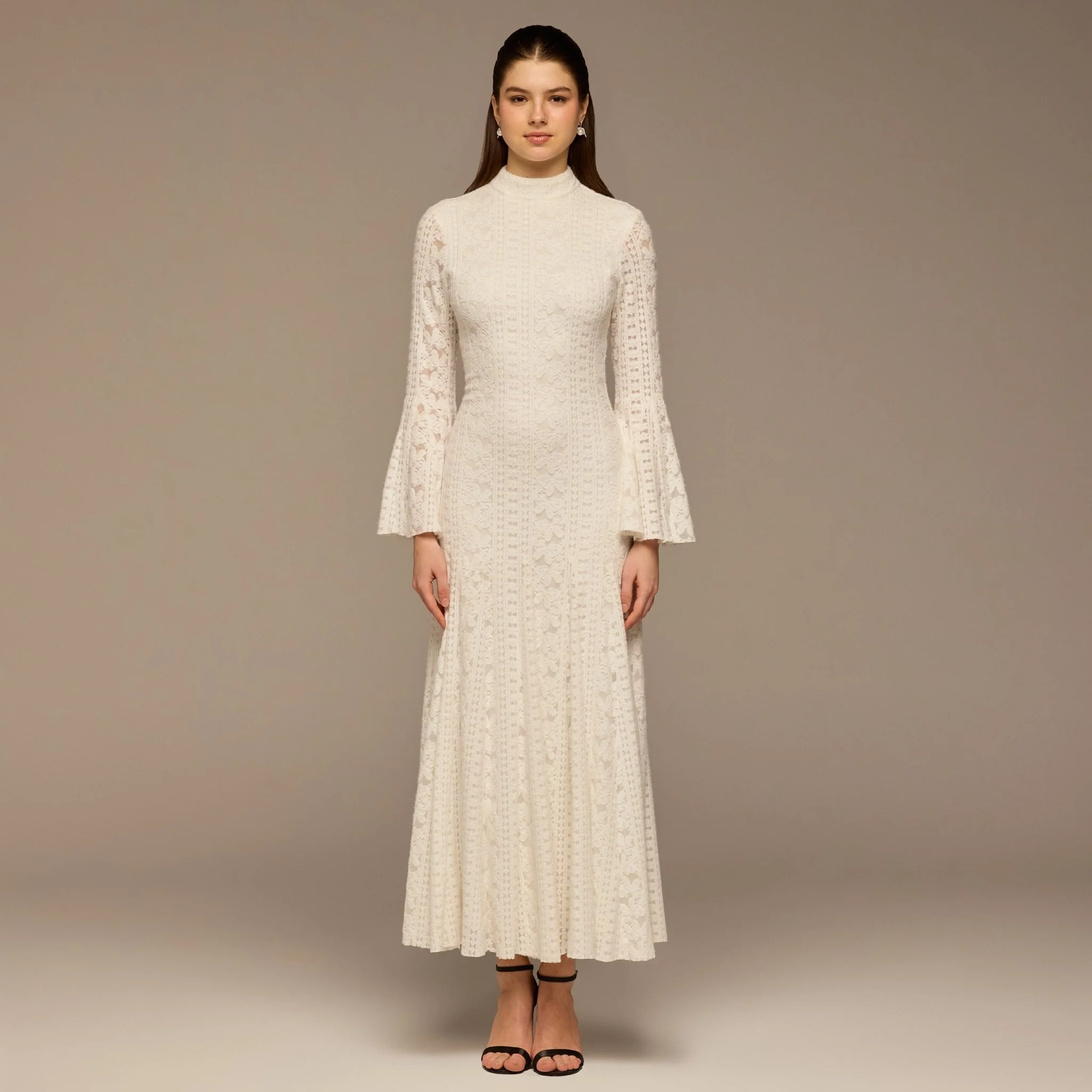 White Long Flared Sleeve Lace Dress with Open Back - Image 3