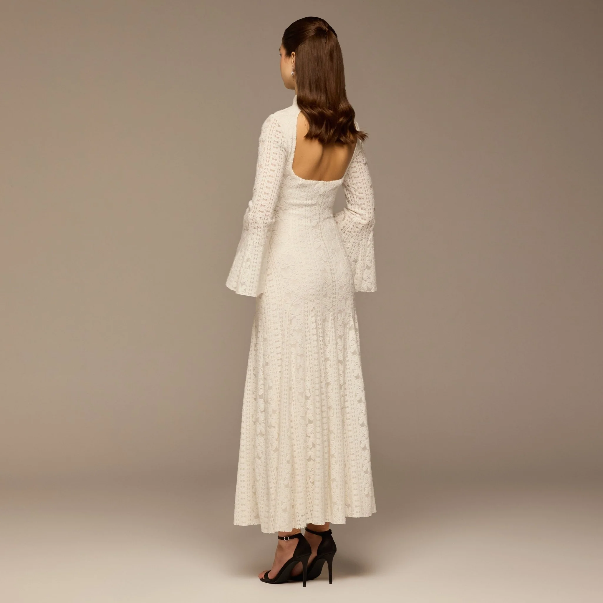 White Long Flared Sleeve Lace Dress with Open Back - Image 4