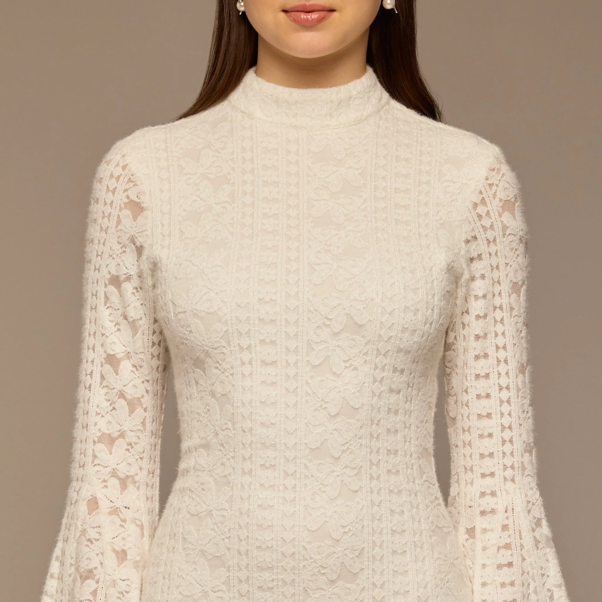 White Long Flared Sleeve Lace Dress with Open Back - Image 5