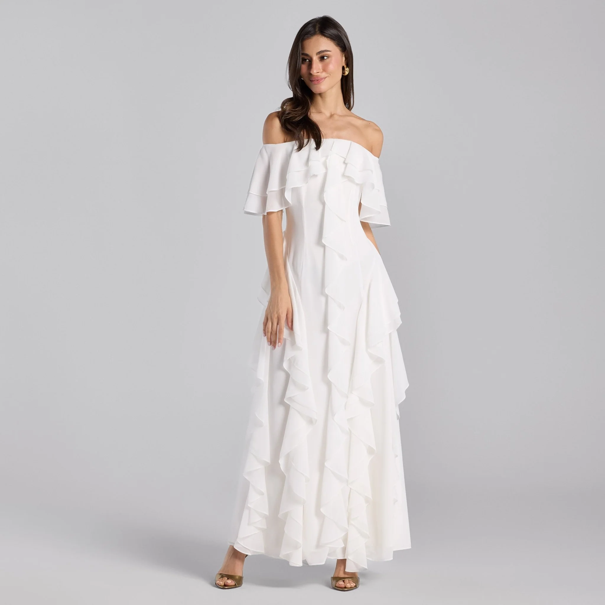 White Off Shoulder Chiffon Maxi Dress With Ruffles