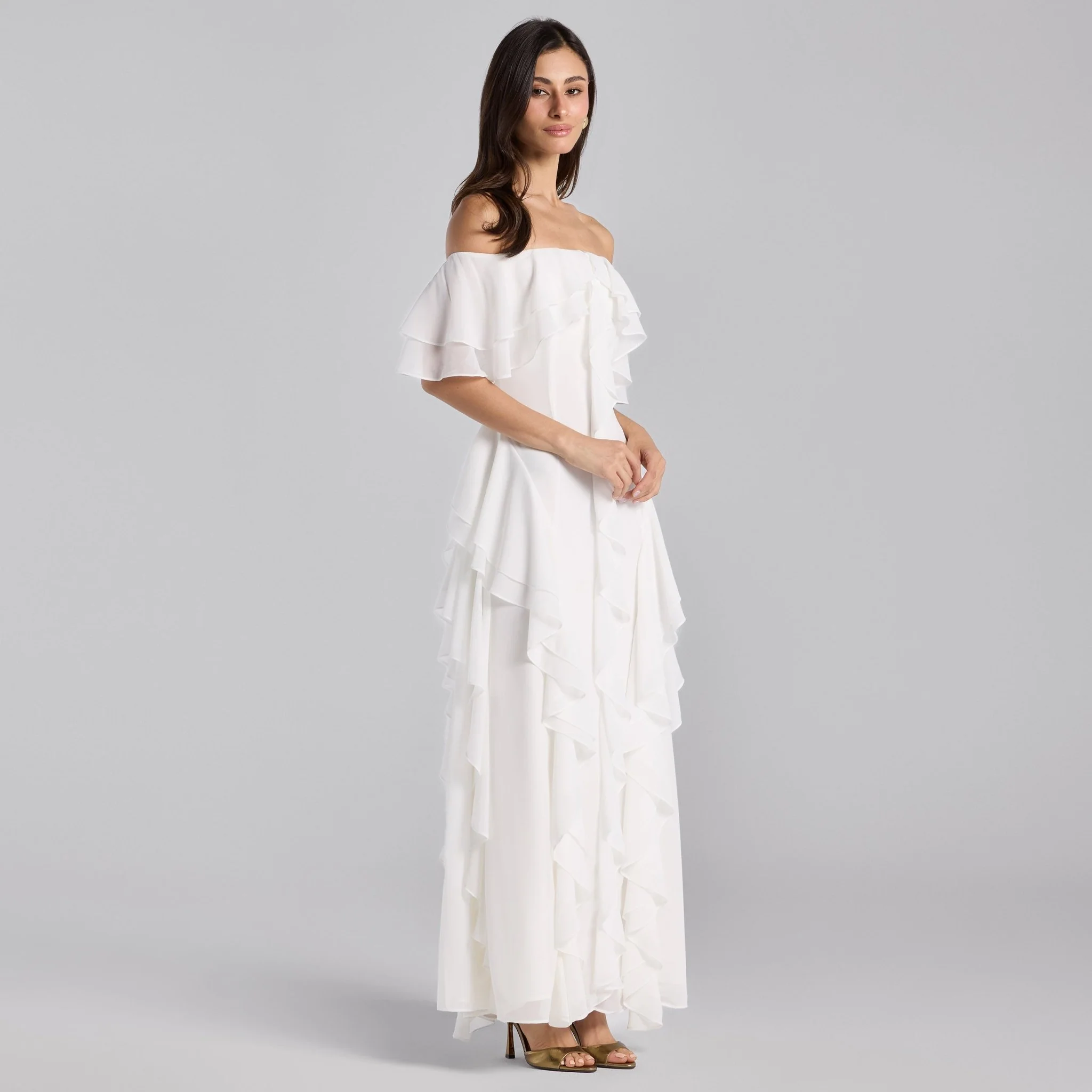 White Off Shoulder Chiffon Maxi Dress With Ruffles - Image 2