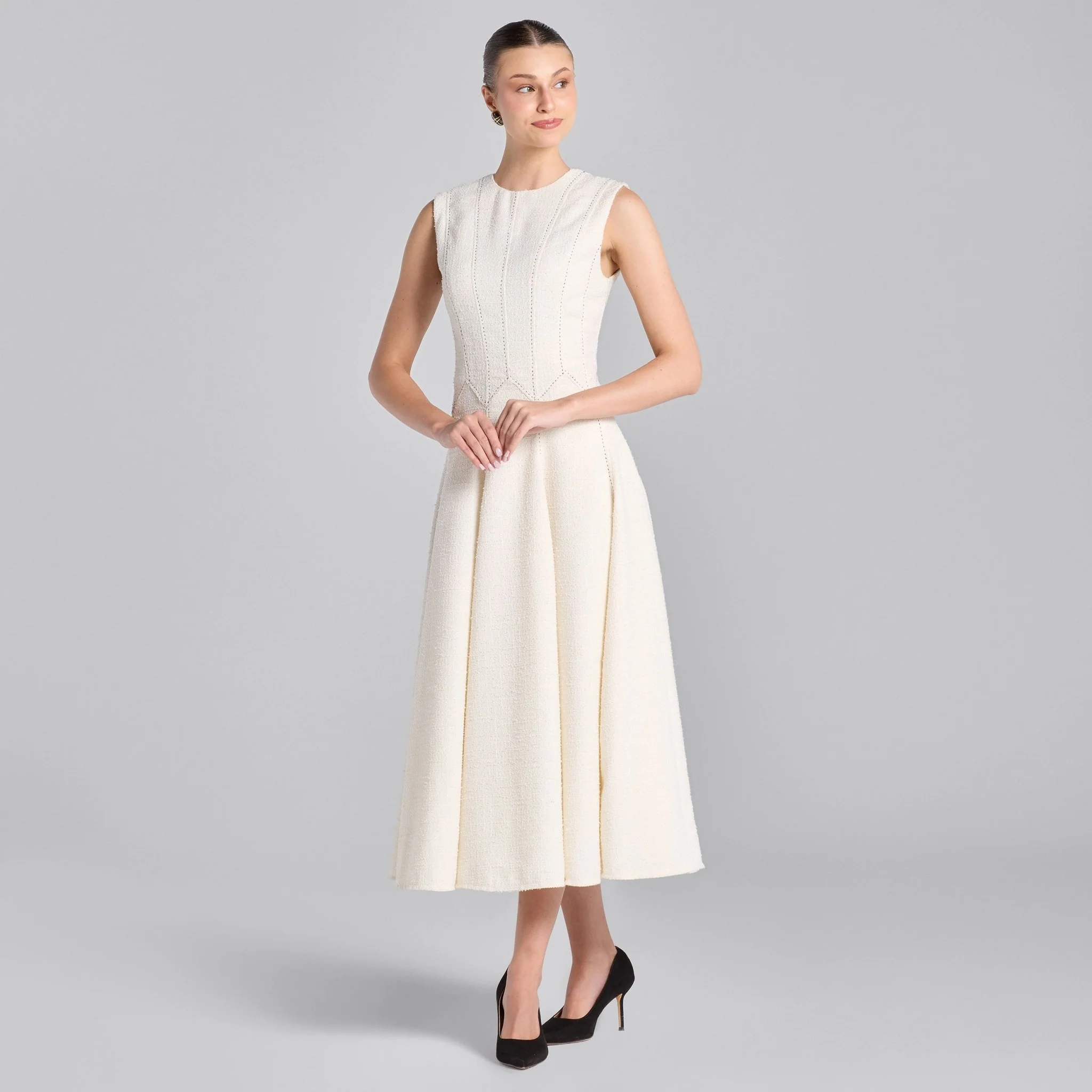 White Stitched A-line Twill Midi Dress - Image 3
