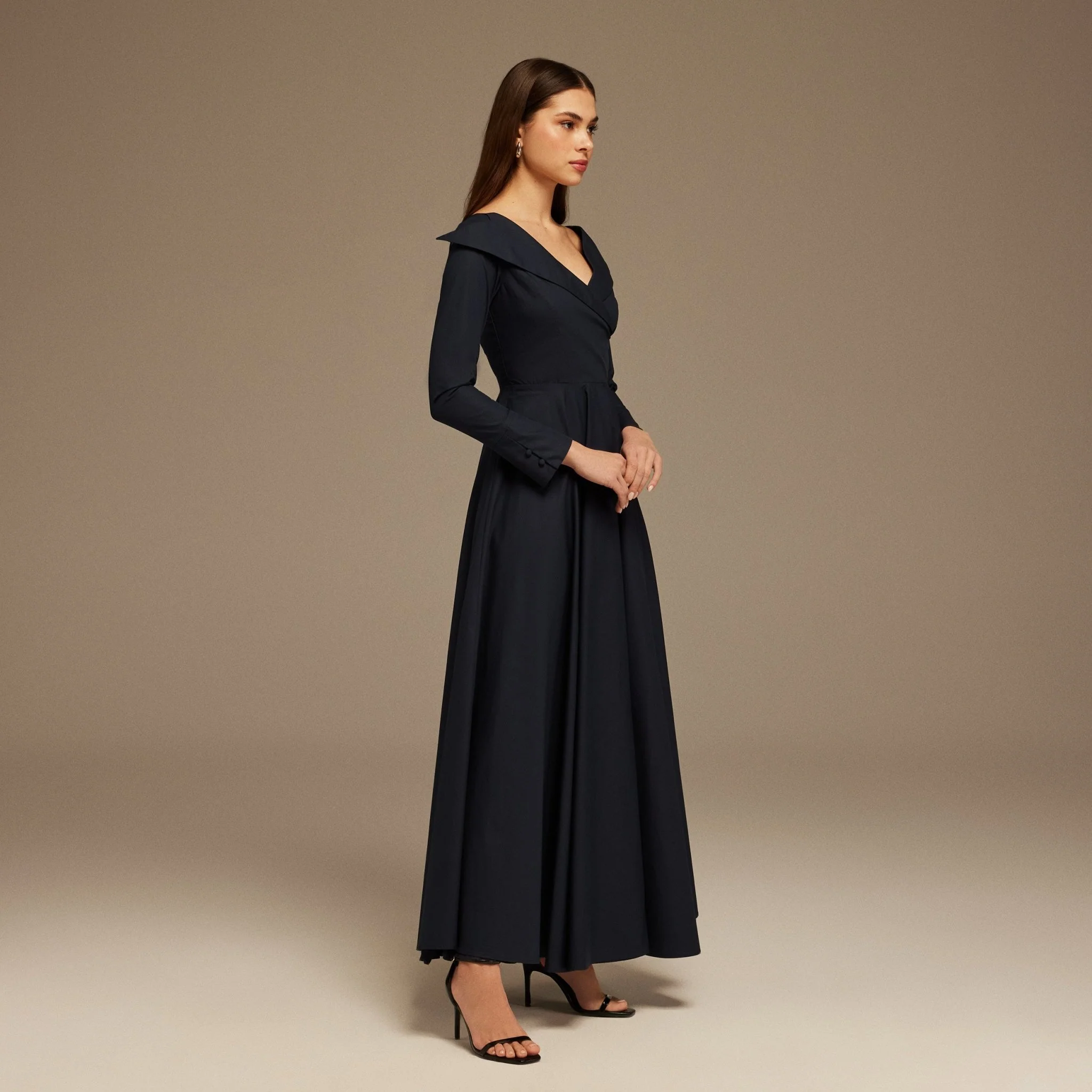 Navy Blue Wide V Neck Long Sleeve Maxi Dress - Image 2