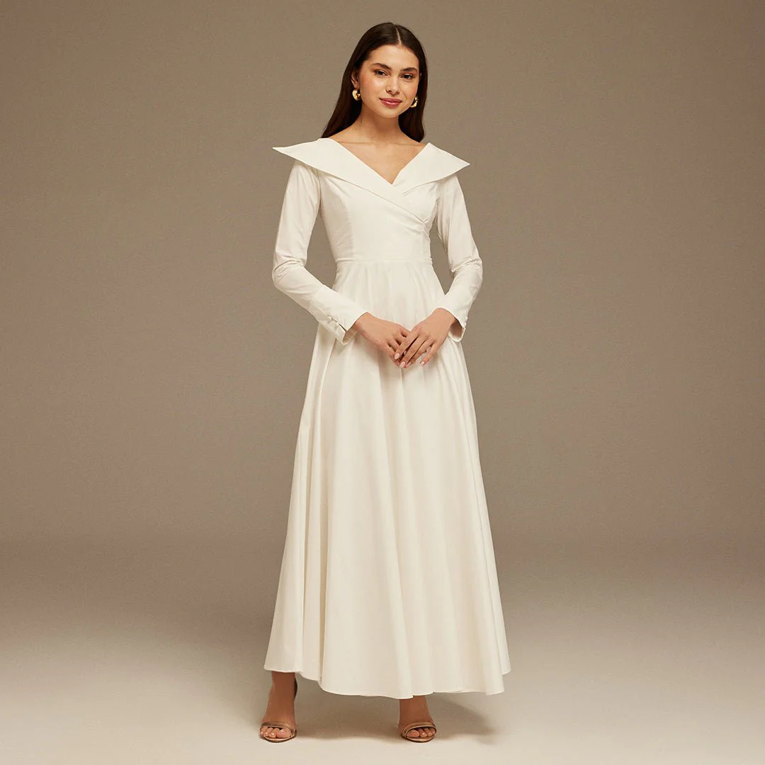 White Wide V Neck Long Sleeve Maxi Dress