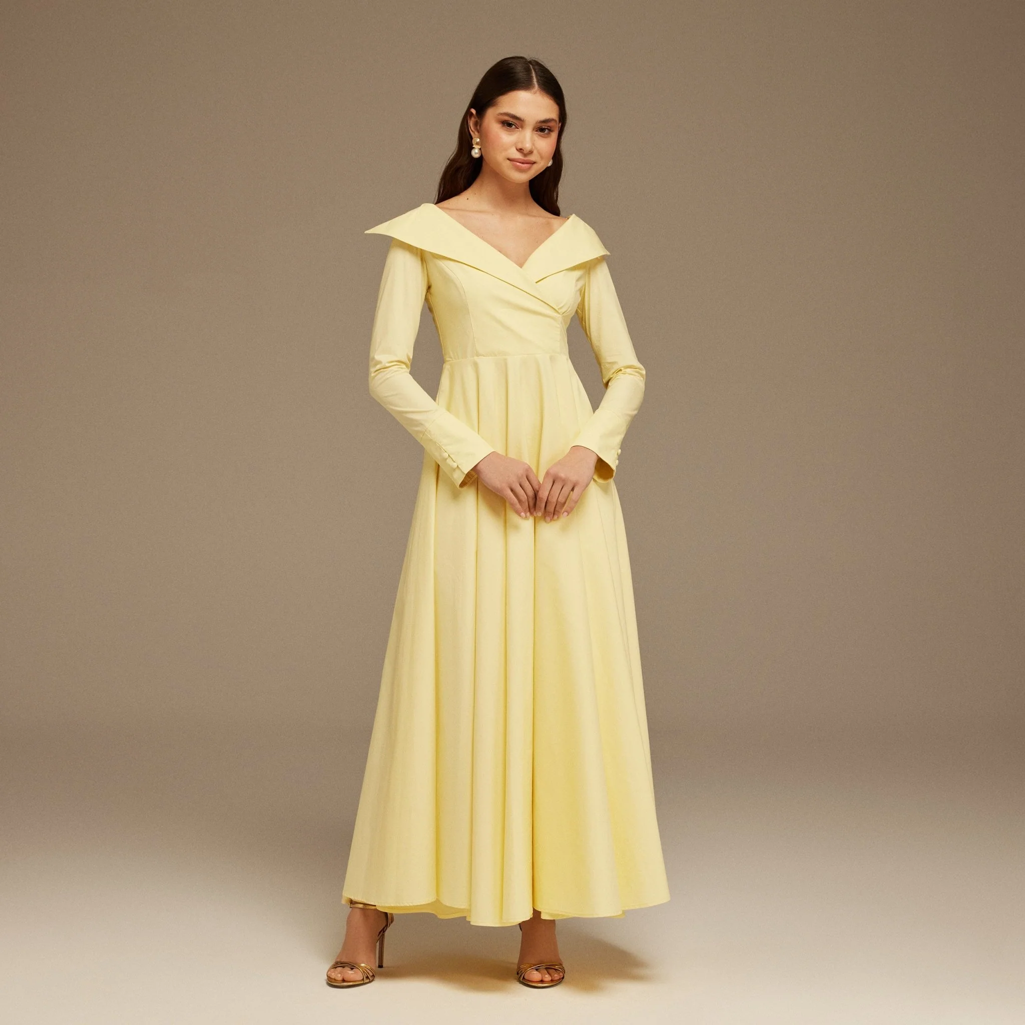 Yellow Wide V Neck Long Sleeve Maxi Dress